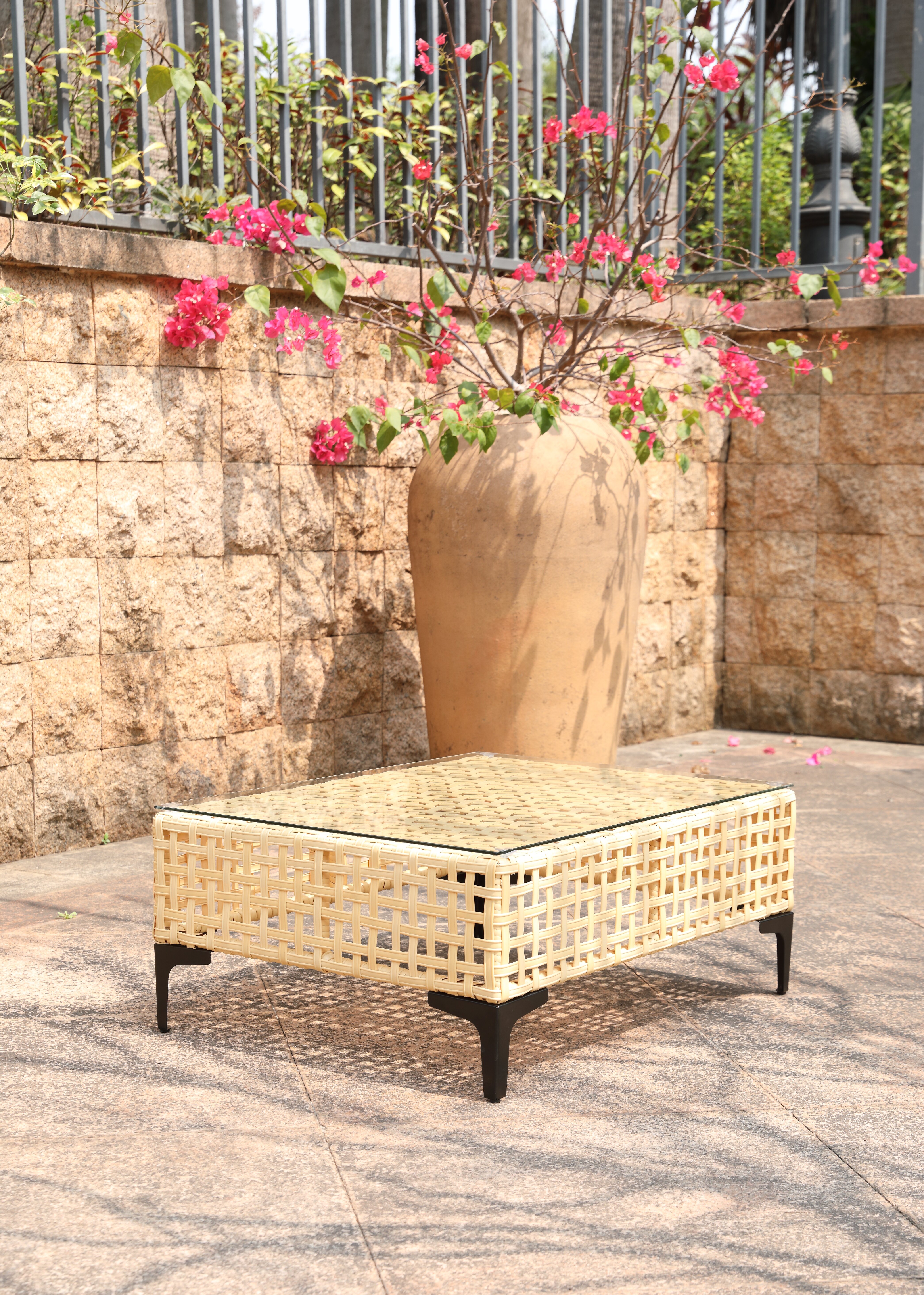 Beige Aluminum Patio Coffee Table with Glass Top