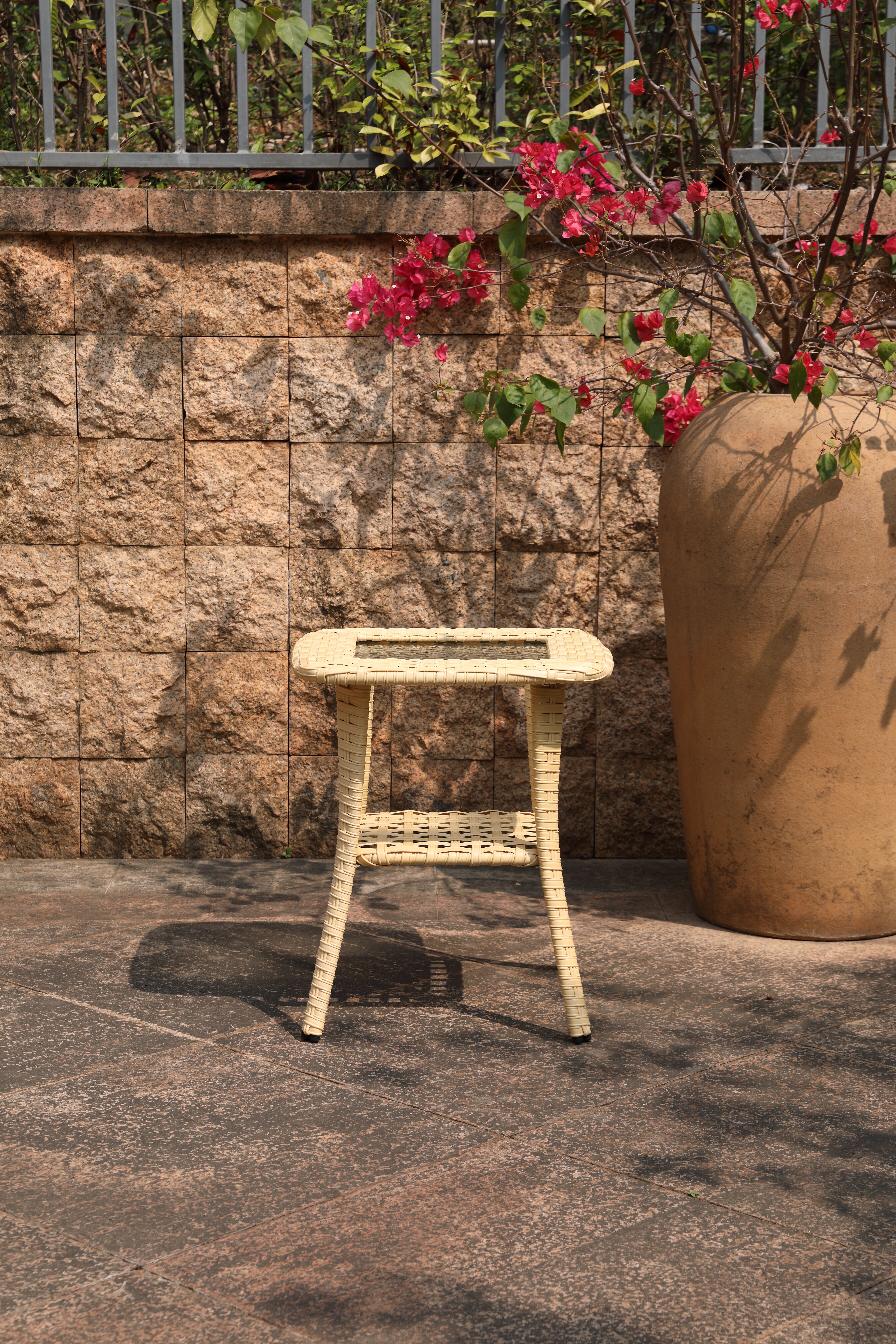 Yellow Aluminum Wicker Patio Side Table with Storage