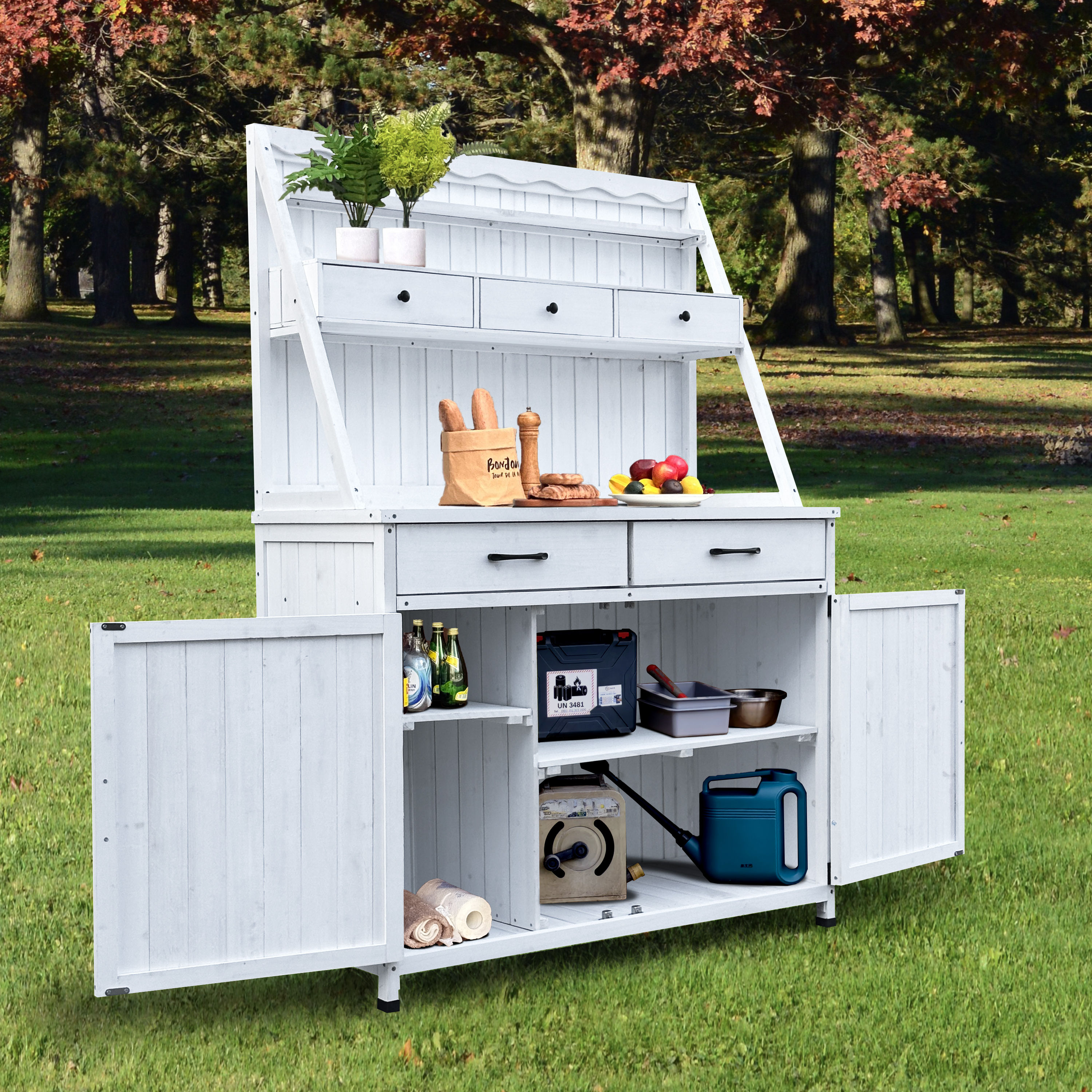 White Farmhouse Potting Bench Table with Storage