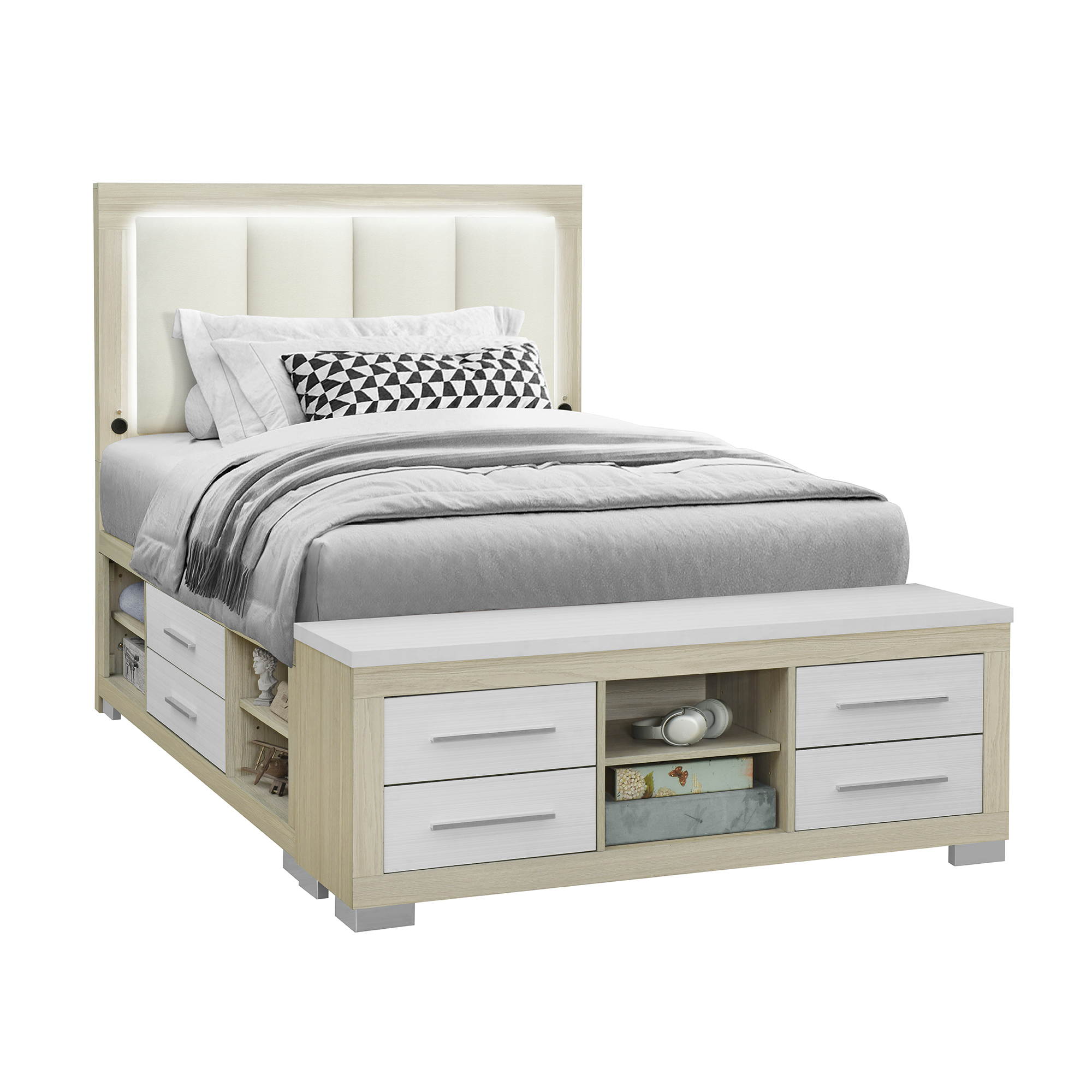 Queen Storage Bed Frame Natural White Wood