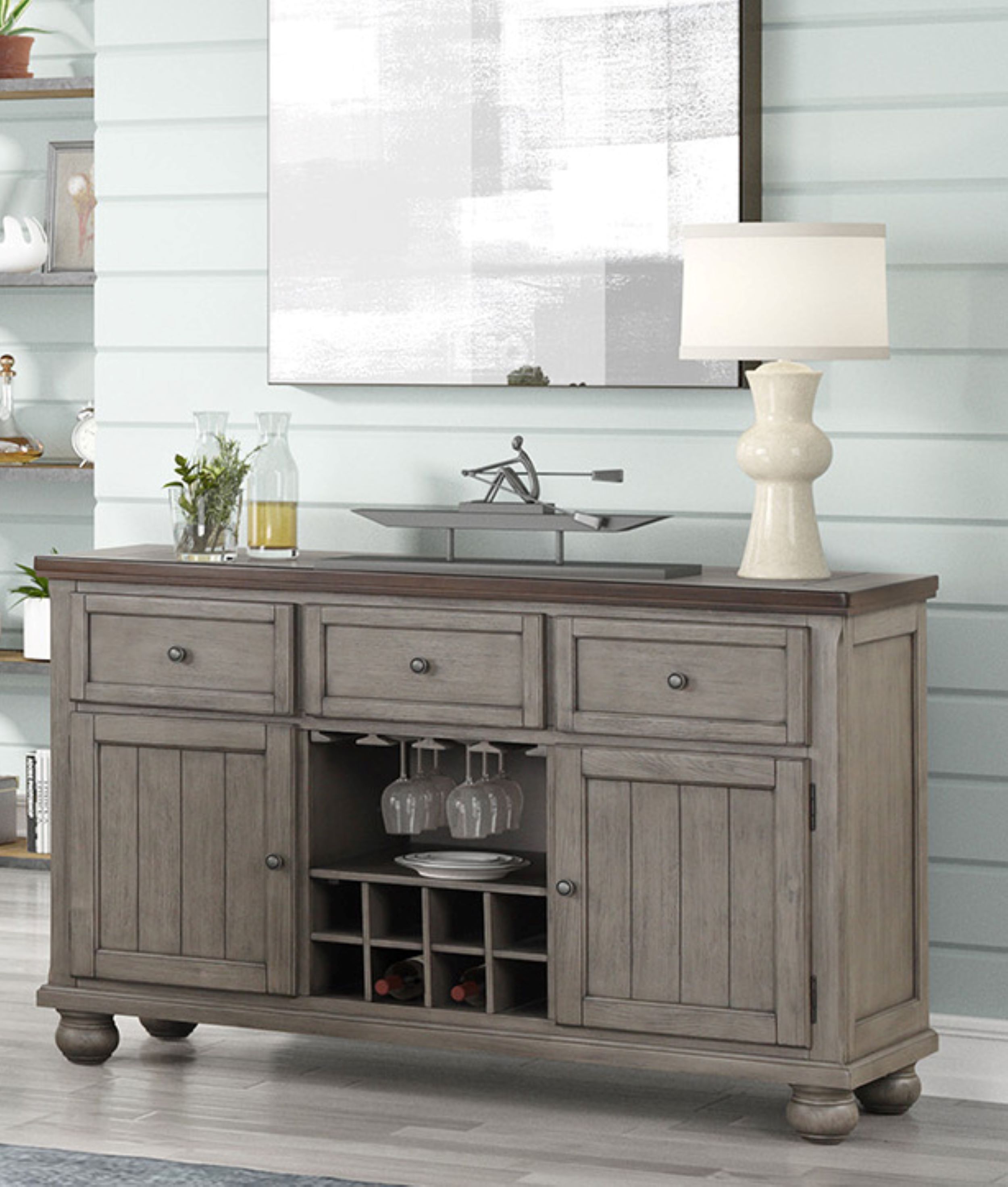 Gray Solid Wood Server with Wine Storage