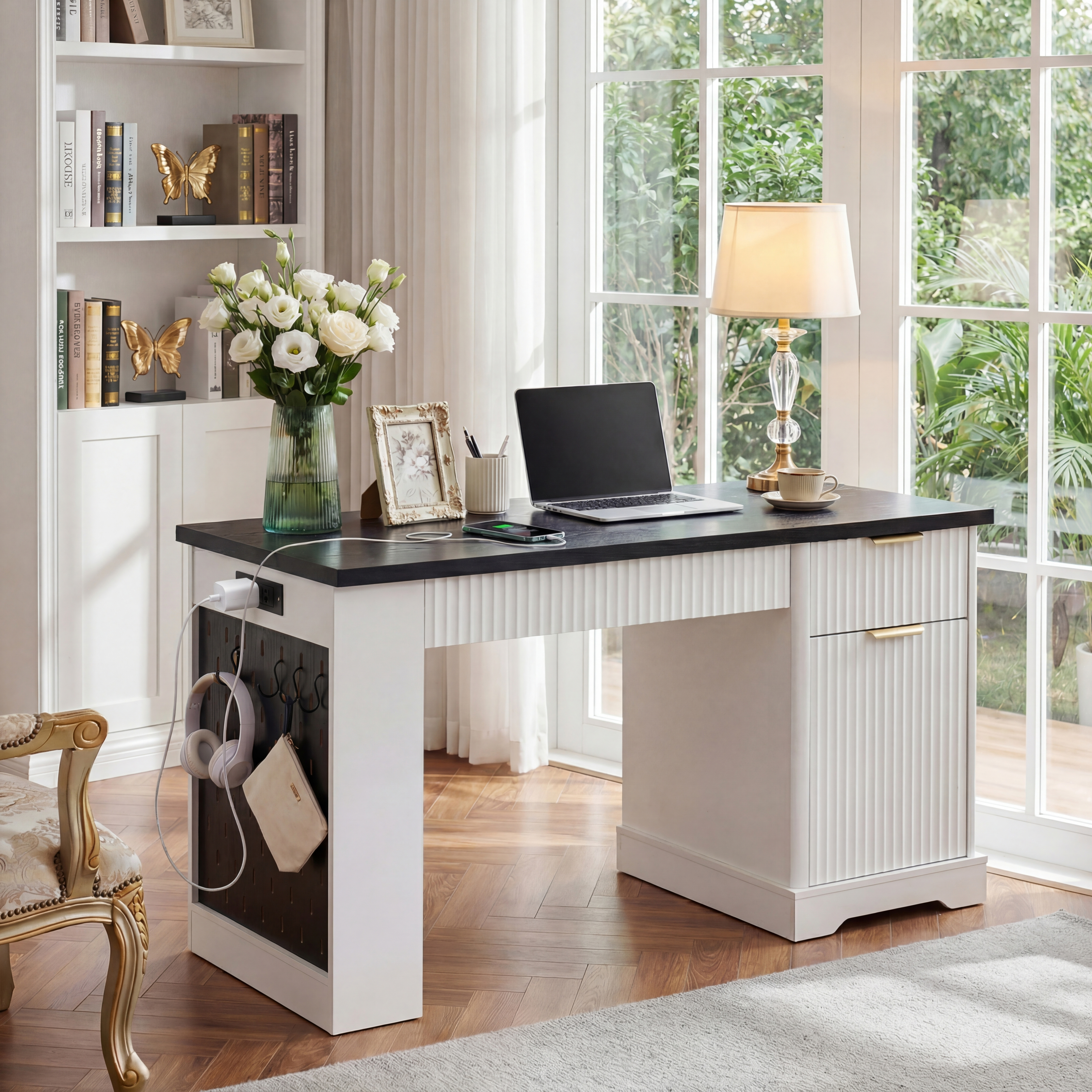 White Modern Office Desk with Storage - 55" Study Desk