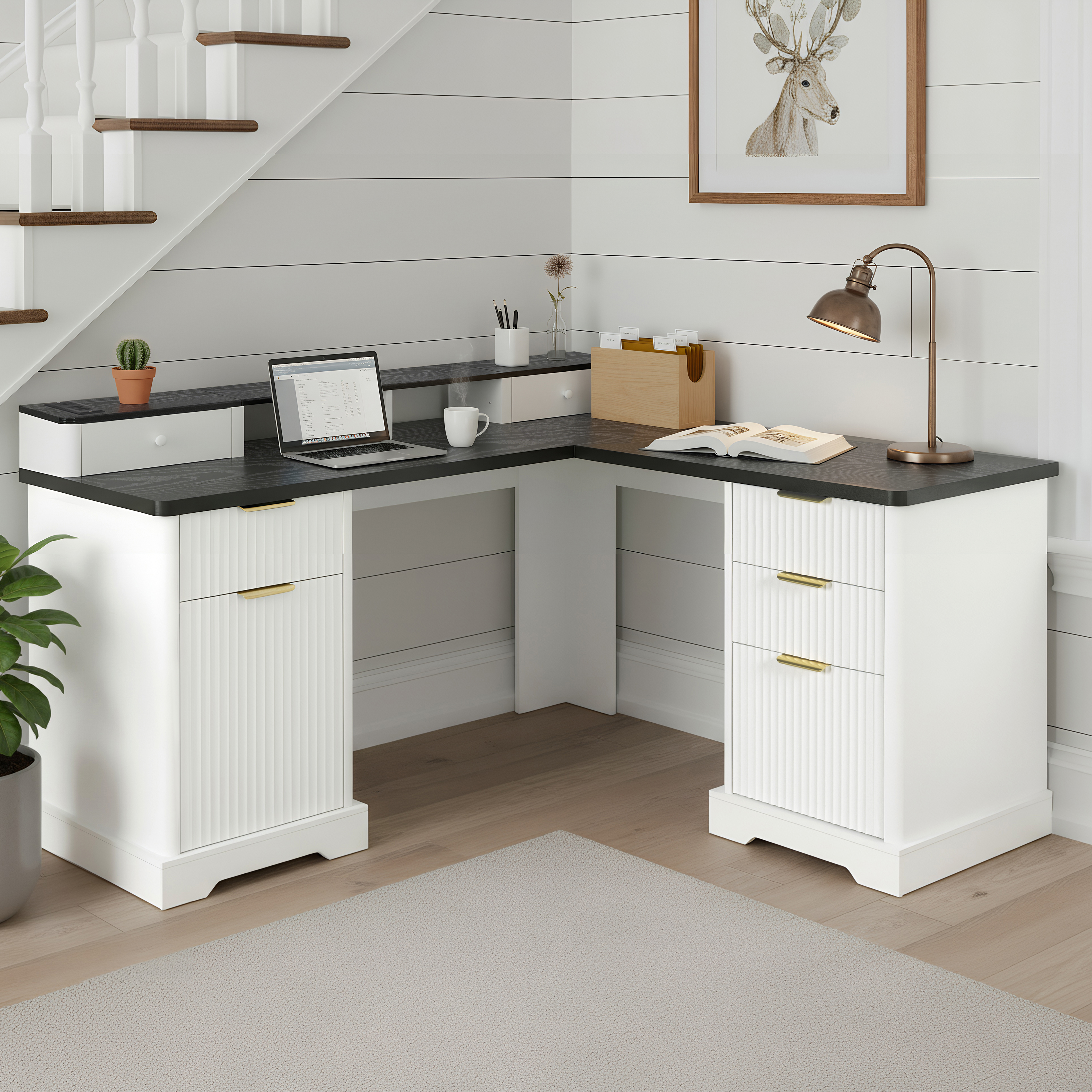 White L-Shaped Desk with Charging Station & Storage