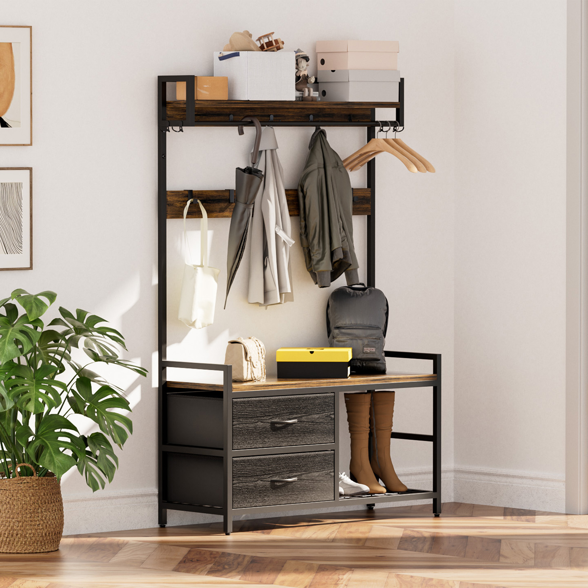 Rustic Brown Hall Tree with Shoe Storage