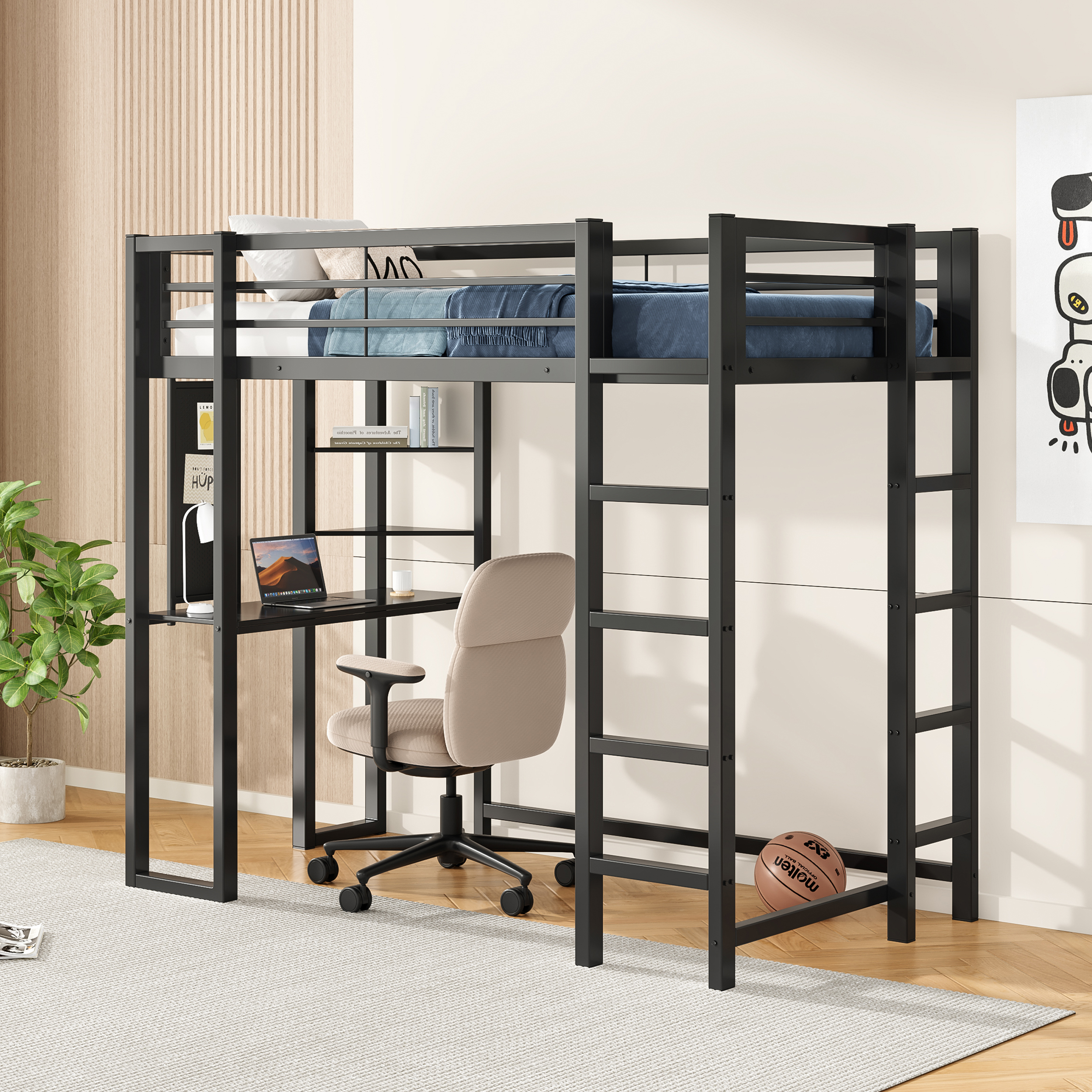 Black Metal Loft Bed with Desk - Twin Size