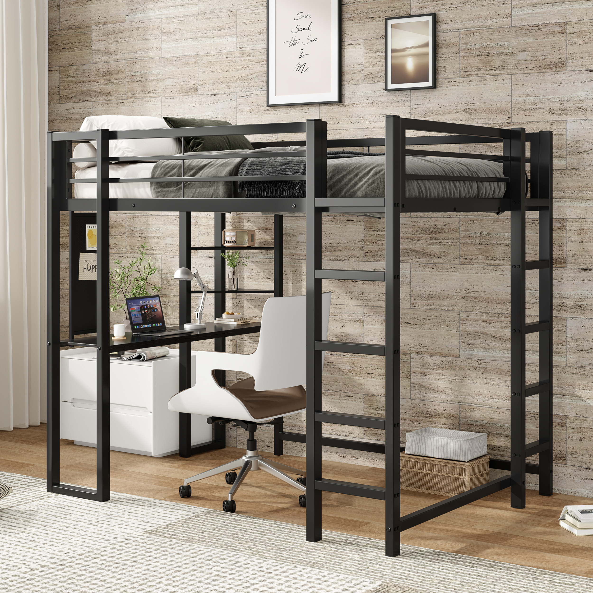 Full Size Loft Bed with Desk - Black Iron Frame