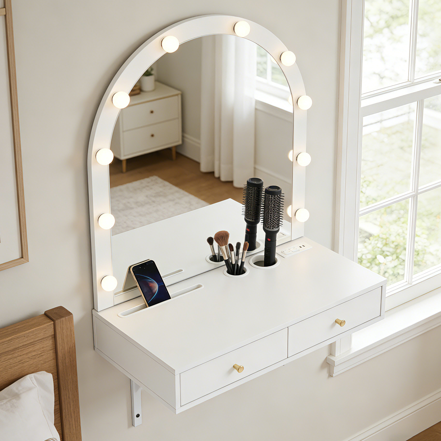 White Wall Mounted Makeup Vanity with Mirror & Lights