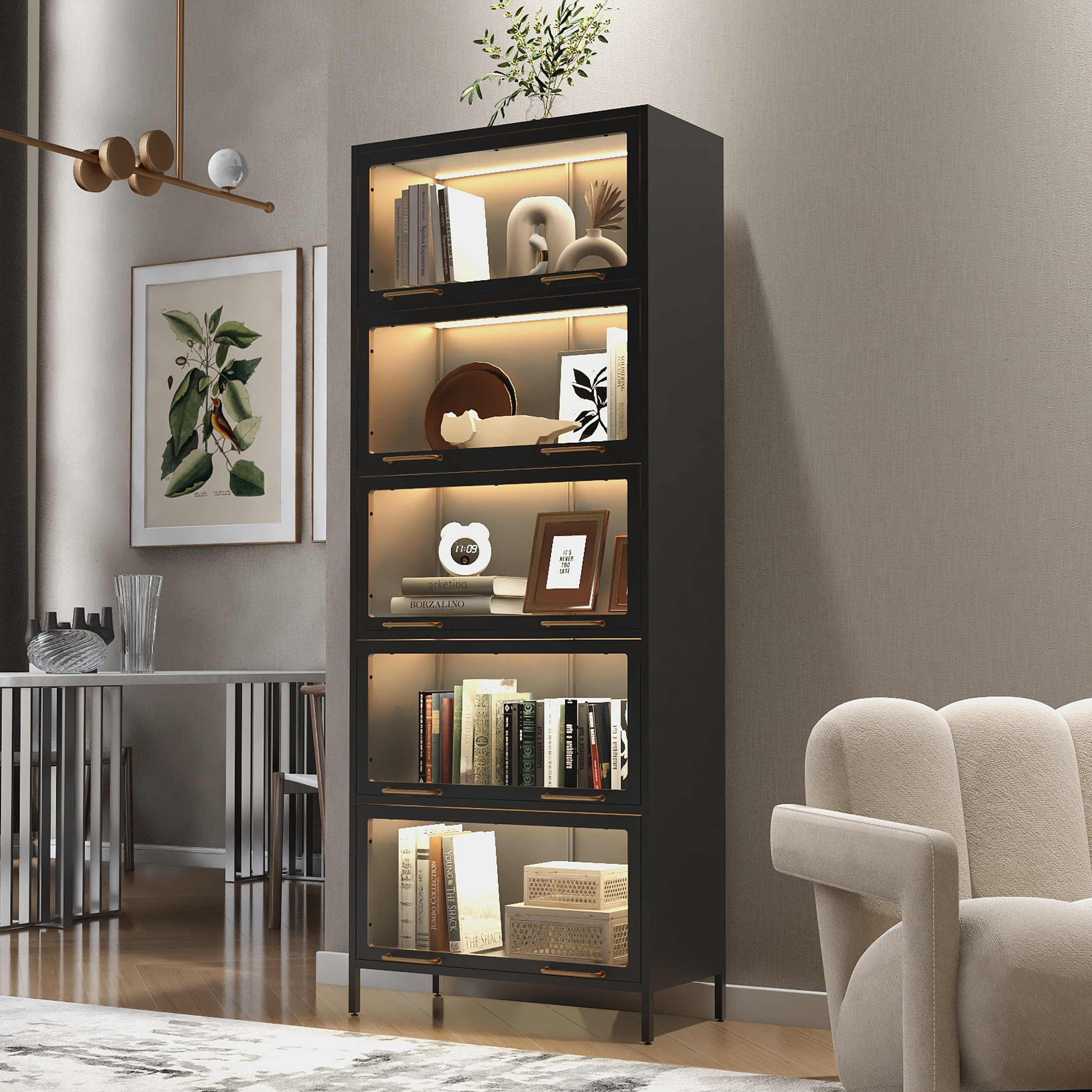 Black Tempered Glass Display Cabinet - 76.75" Tall