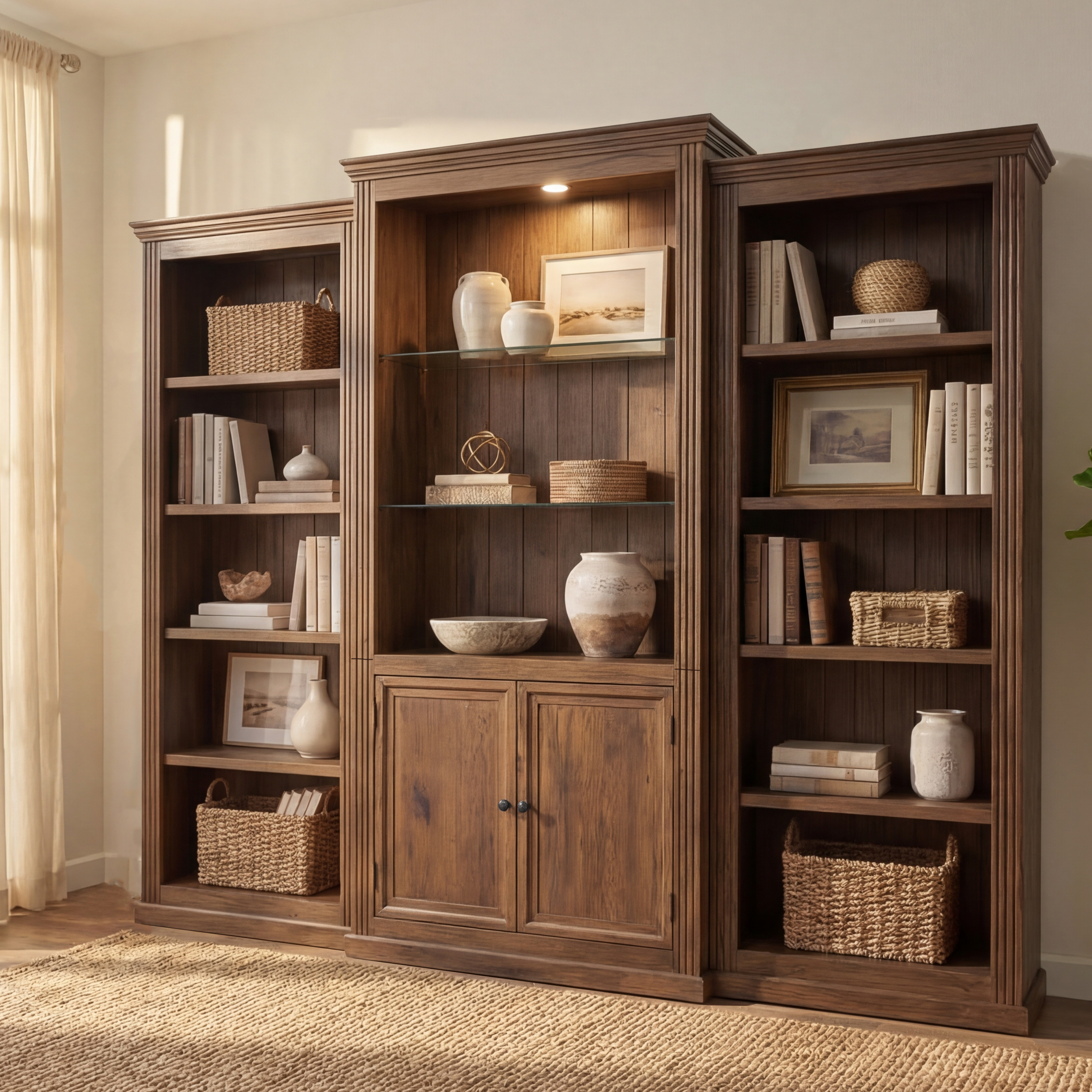 Brown Walnut Display Cabinet - 78.75" Tall Bookshelf with LED Light
