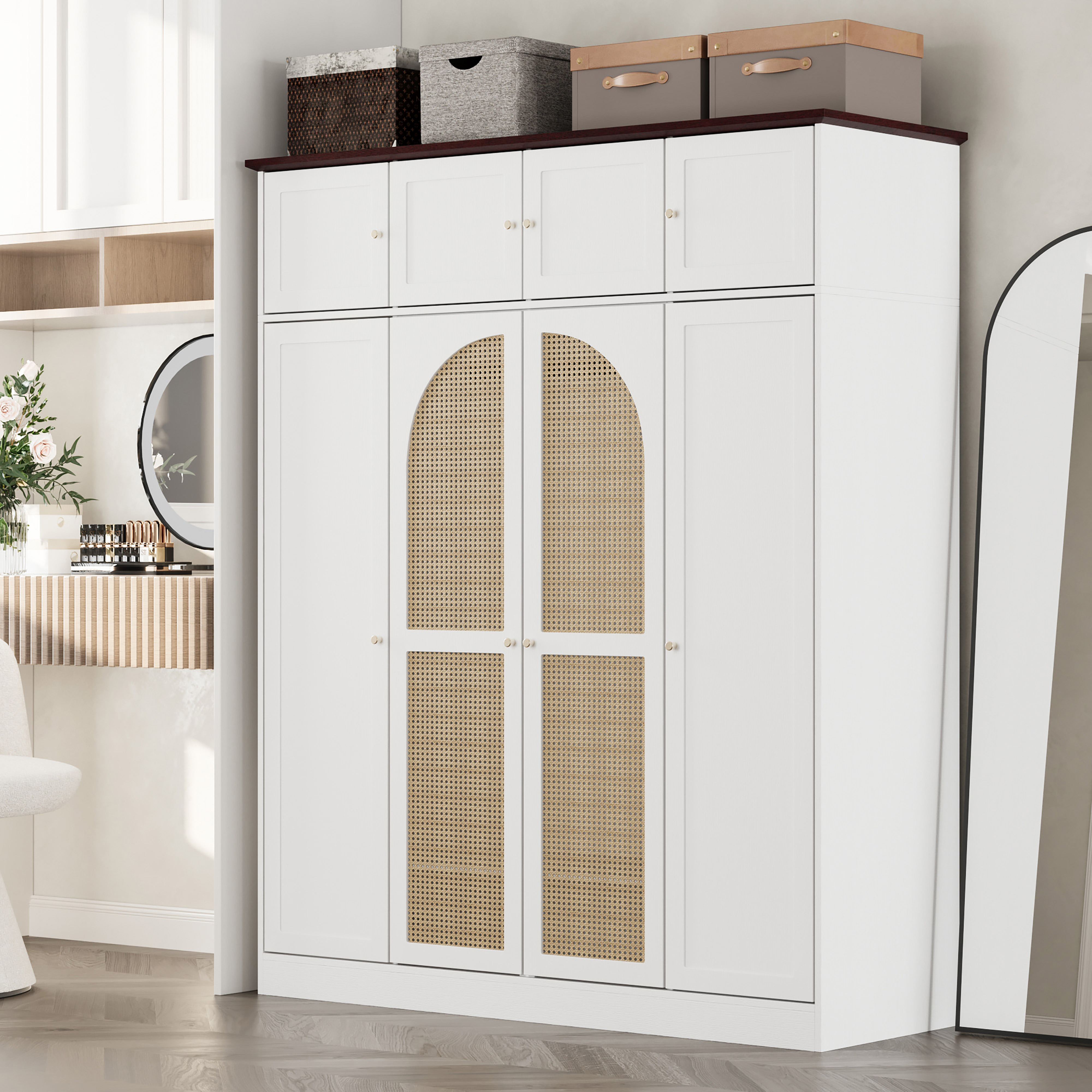White MDF Wardrobe Closet with Rattan Doors - 70.87" Tall
