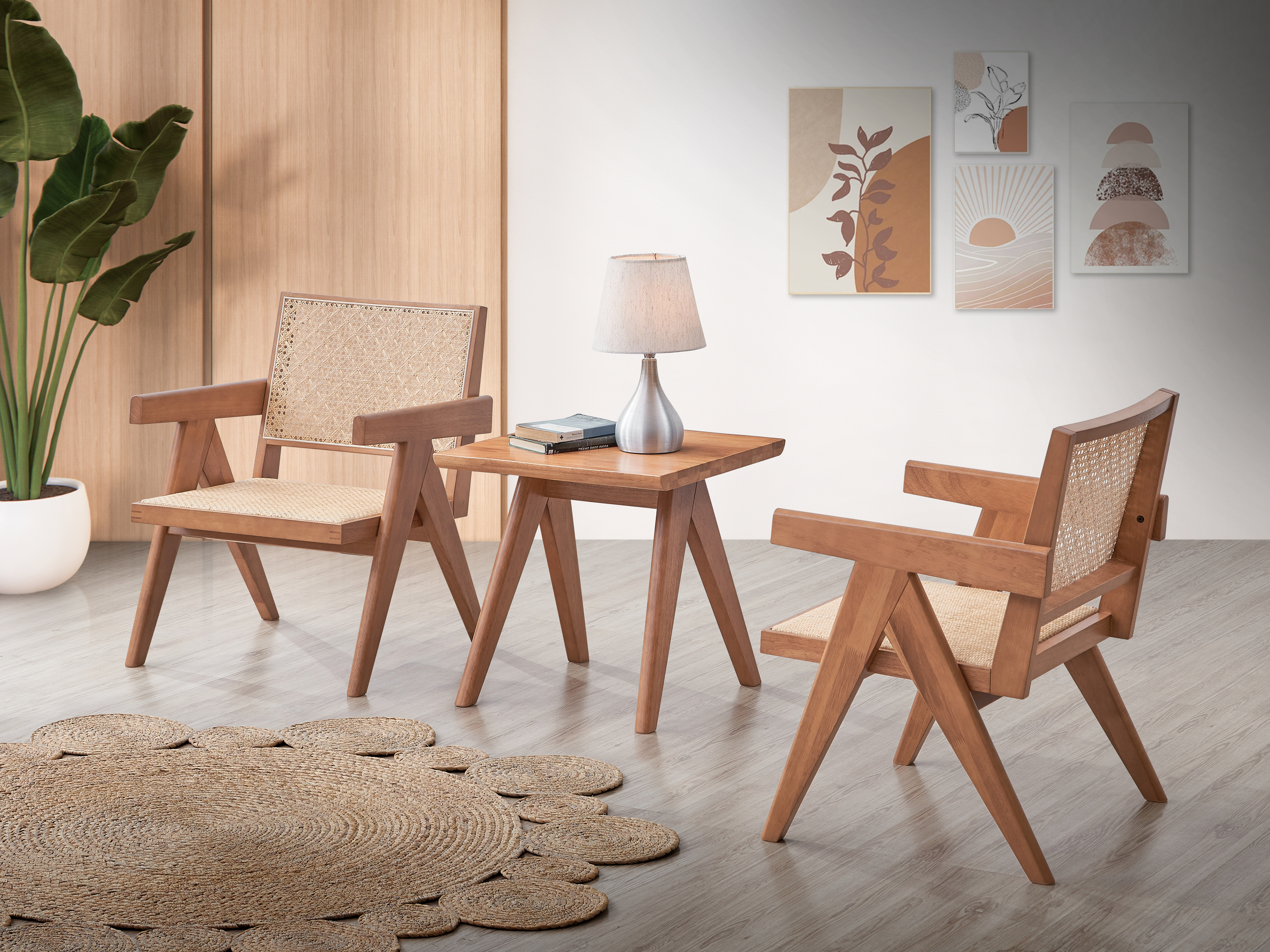 Natural Rattan Accent Chair Set - 3 Piece Living Room Set