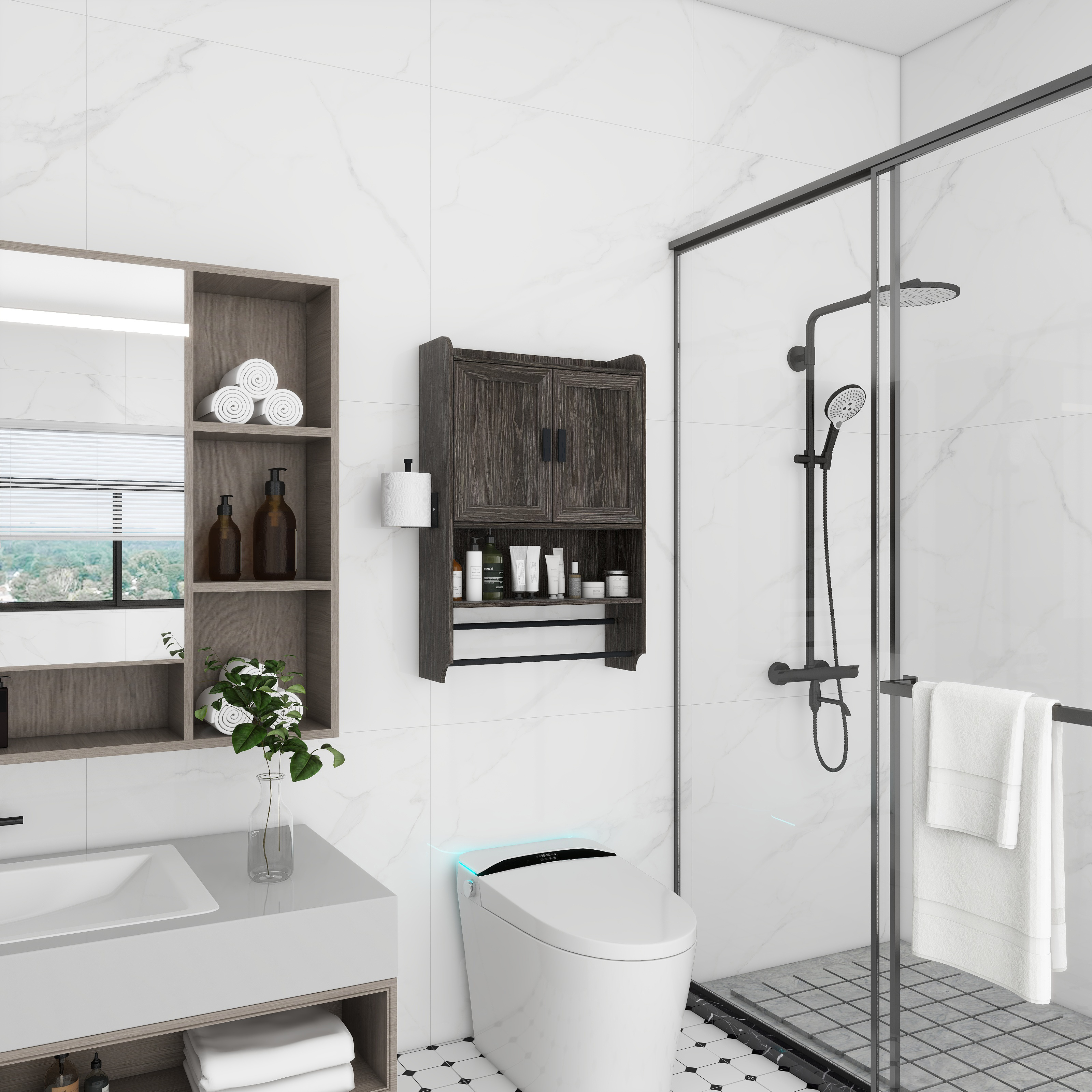 Grey MDF Bathroom Storage Cabinet - Wall Mounted
