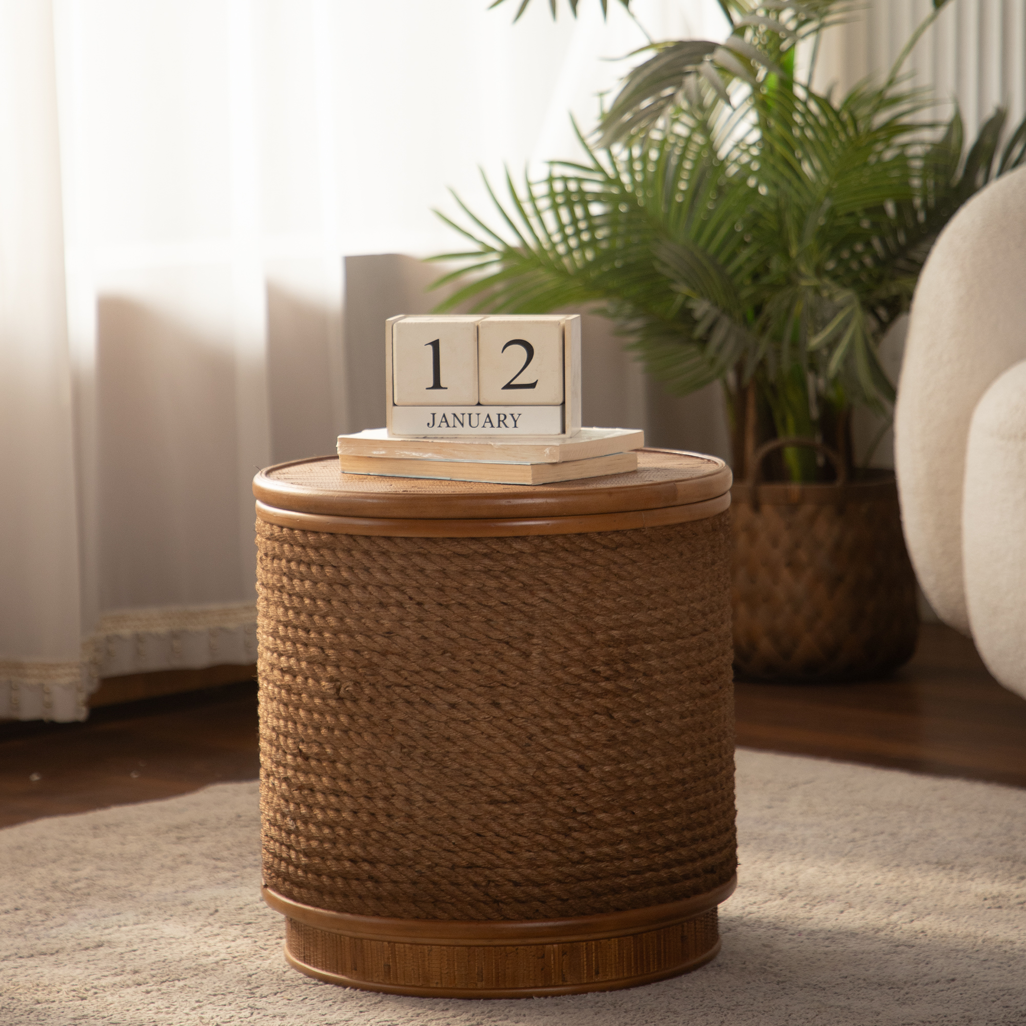 Round Rattan Coffee Table with Storage - Natural Wood