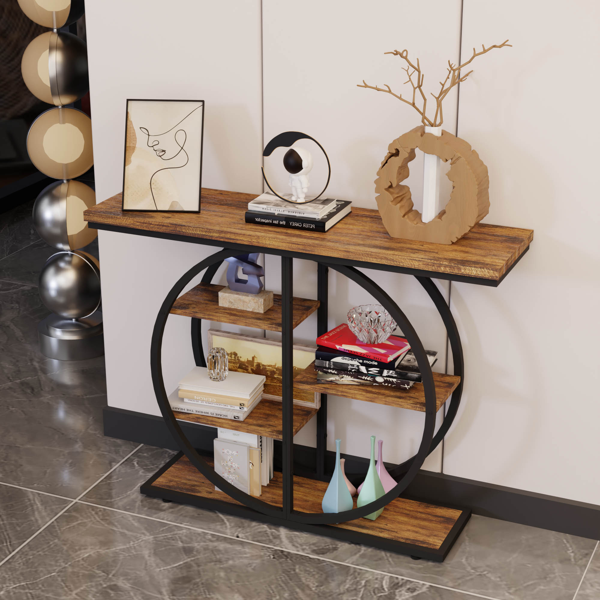 Industrial Walnut Console Table with 5 Shelves for Living Room Display