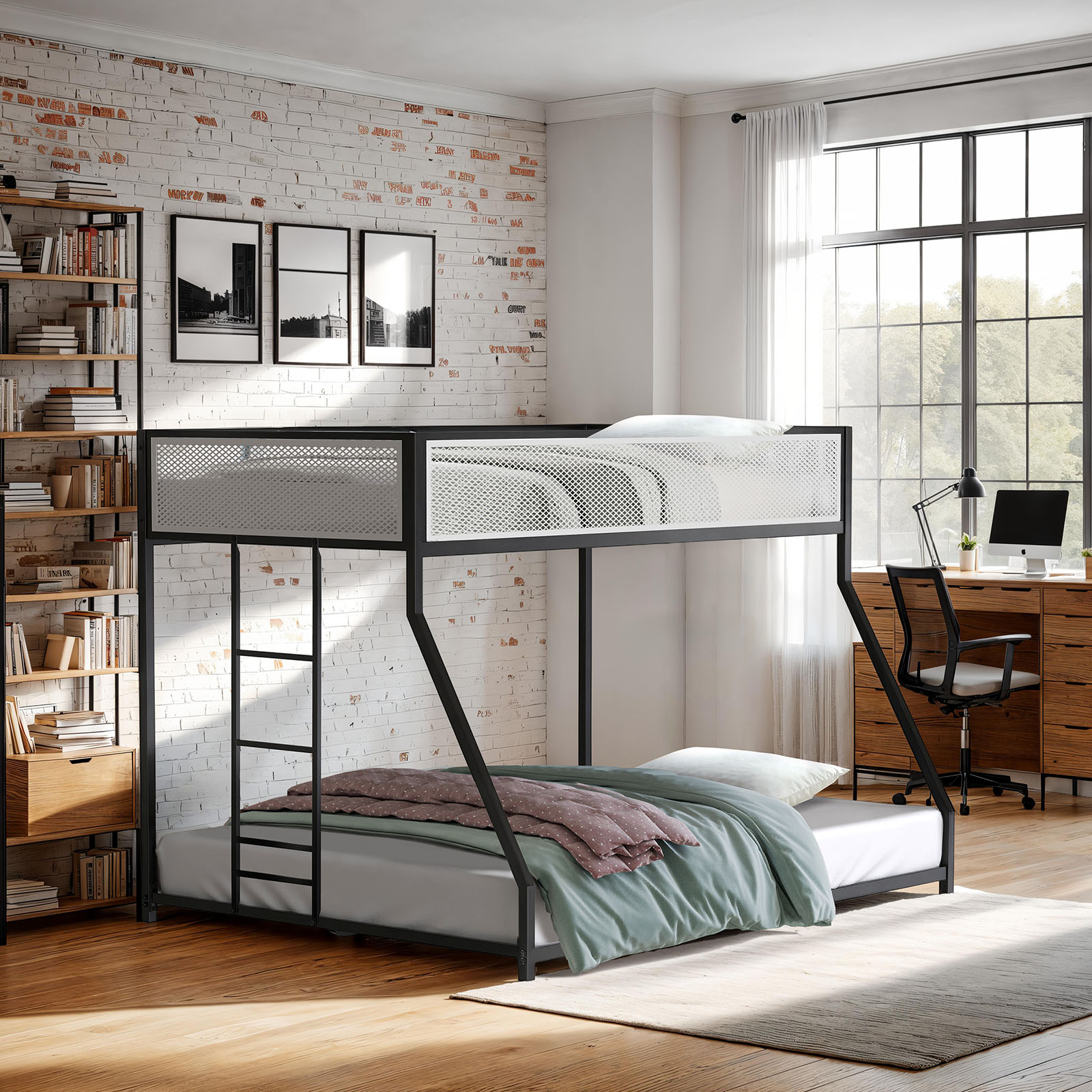 Twin Over Full Metal Bunk Bed - Matte Black/White