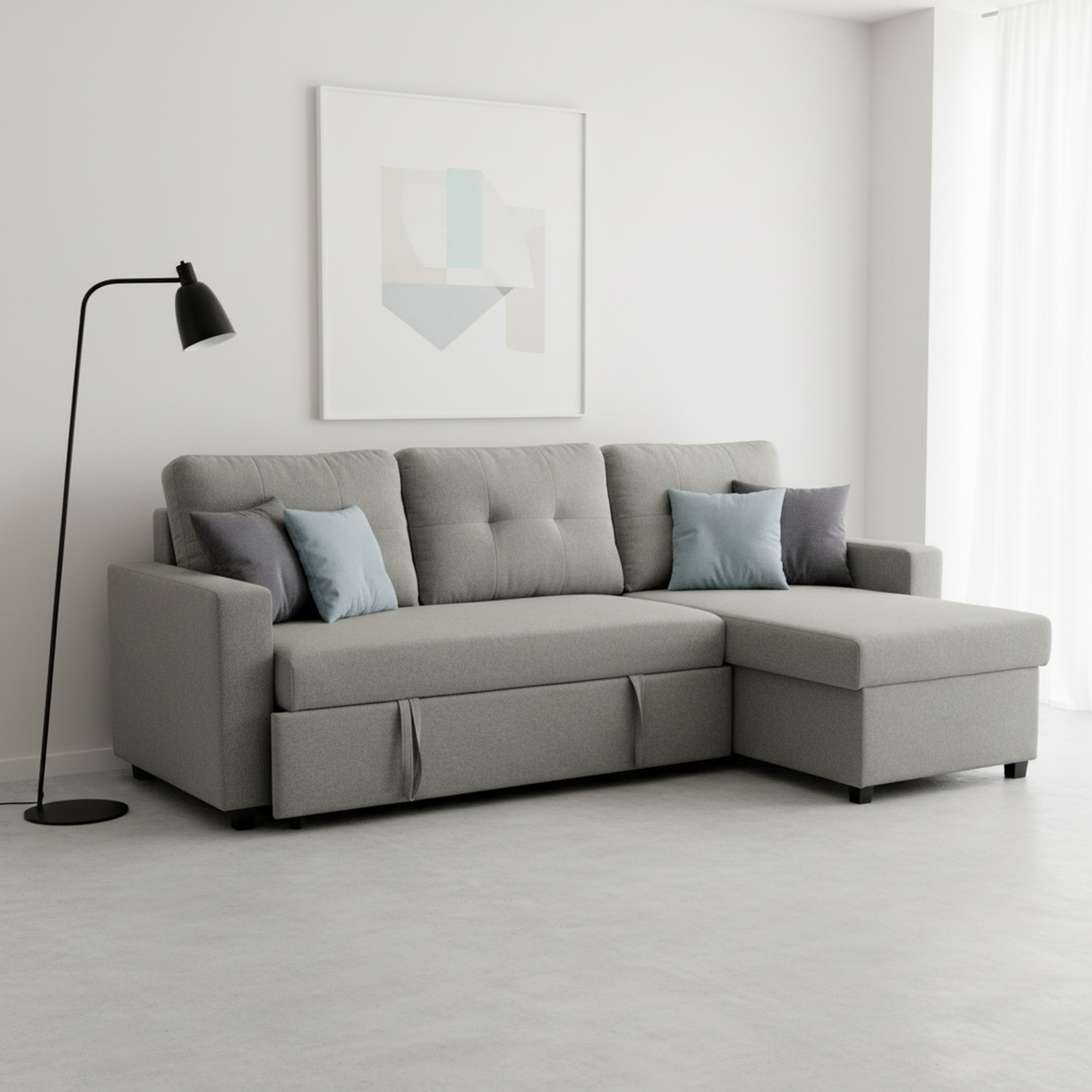 3 Seat Grey Polyester L Shaped Sectional Sofa Bed