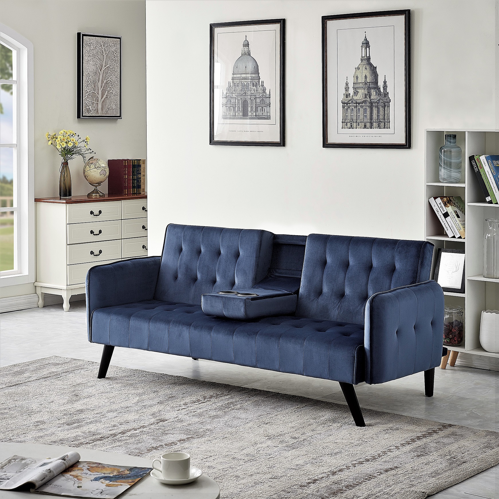 72" Blue Velvet Sofa Bed with Sleeper - Small Space Futon