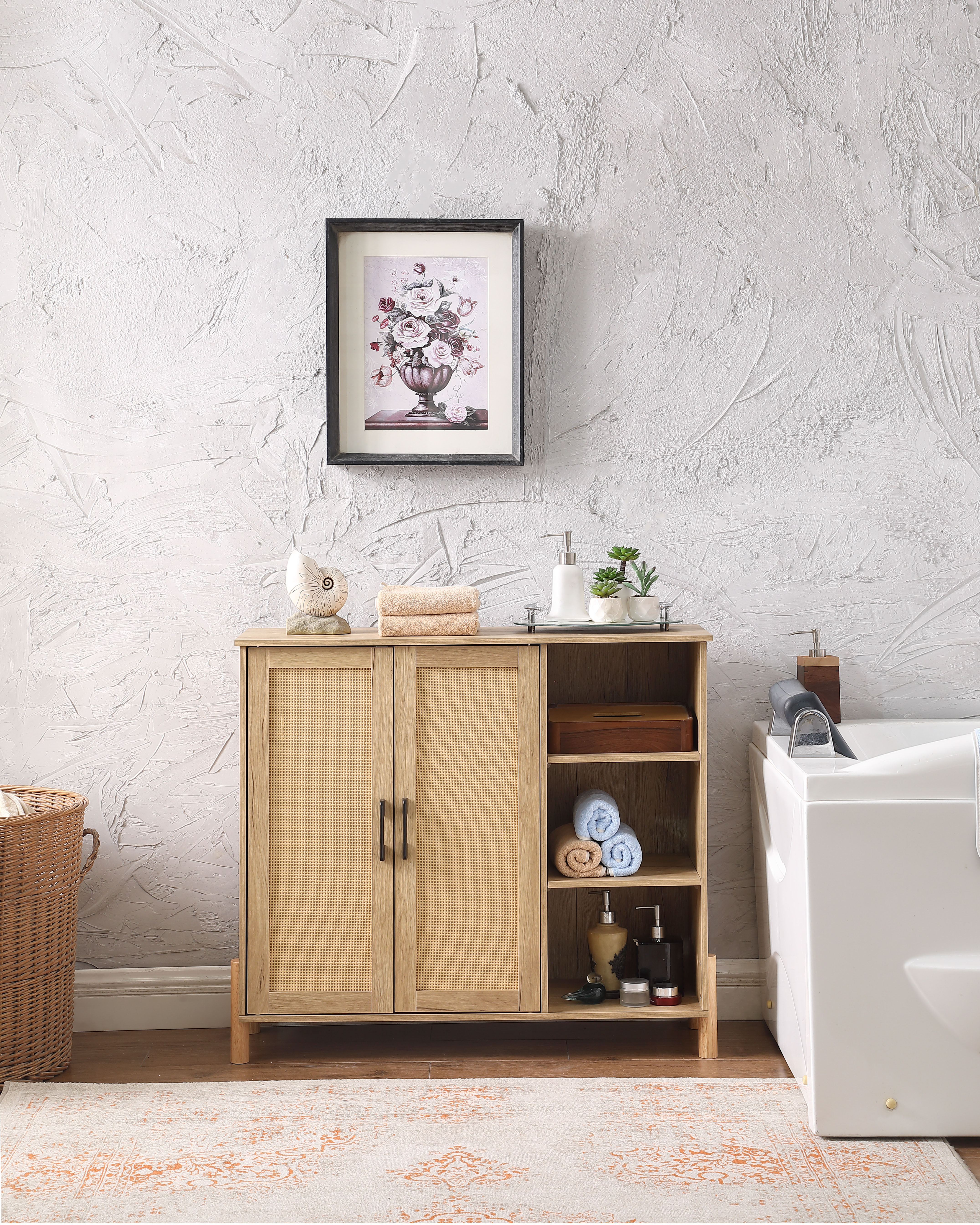 Rattan Door Cabinet - 35.4" W x 12" D x 31.5" H Natural Particle Board
