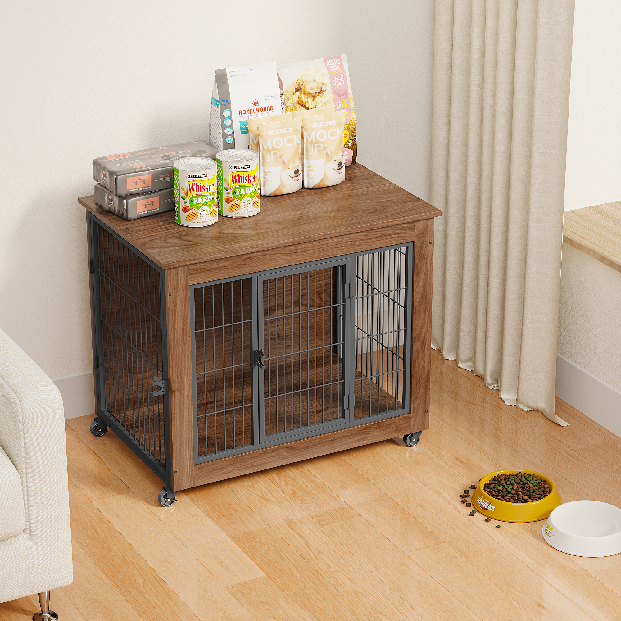 Brown Particle Board Dog Crate End Table with Wheels for Indoor Safety