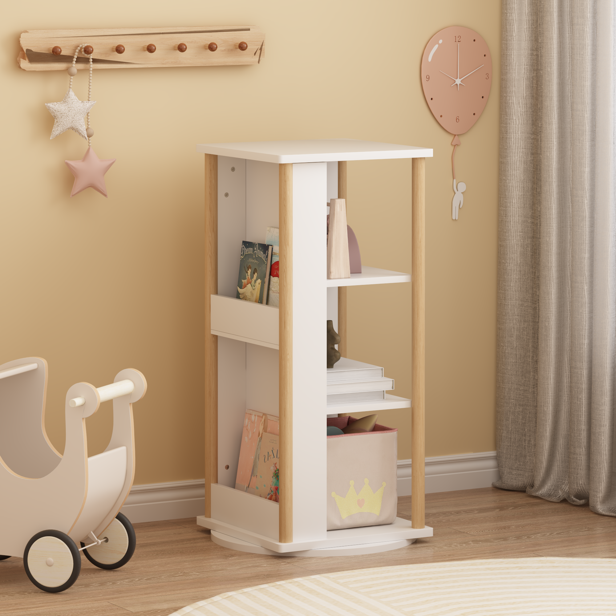 White Kids Bookshelf with Chalkboard - 360 Rotating Storage