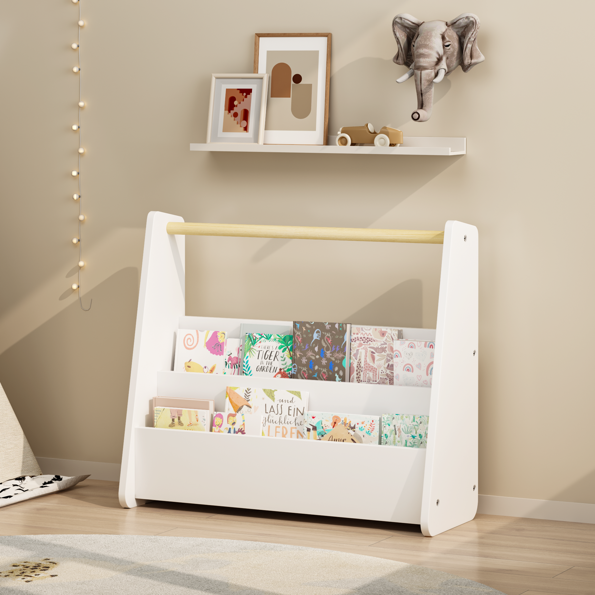 White Toddler Bookshelf with Wooden Handle