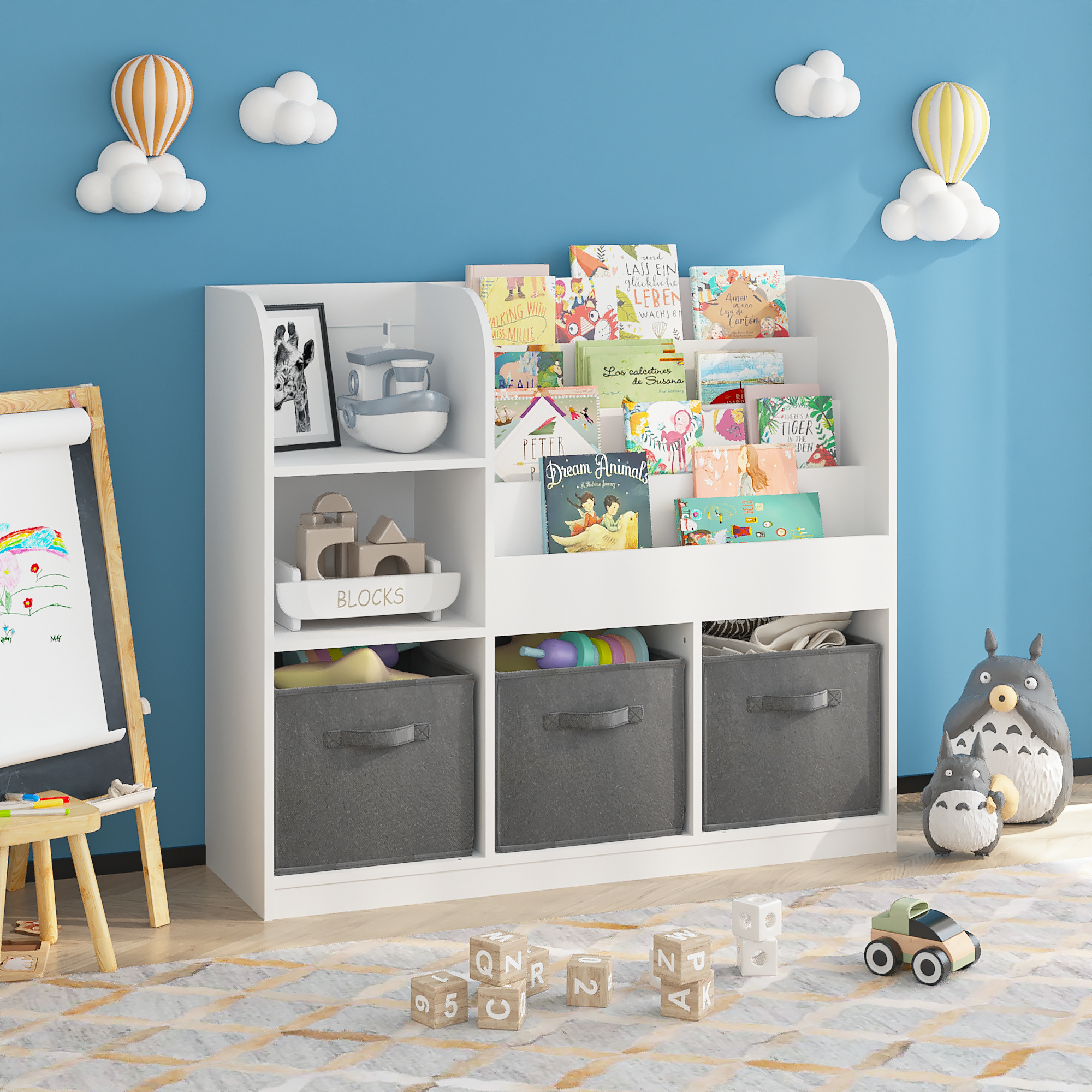Kids Bookcase and Bookshelf with Fabric Drawers for Playroom Storage