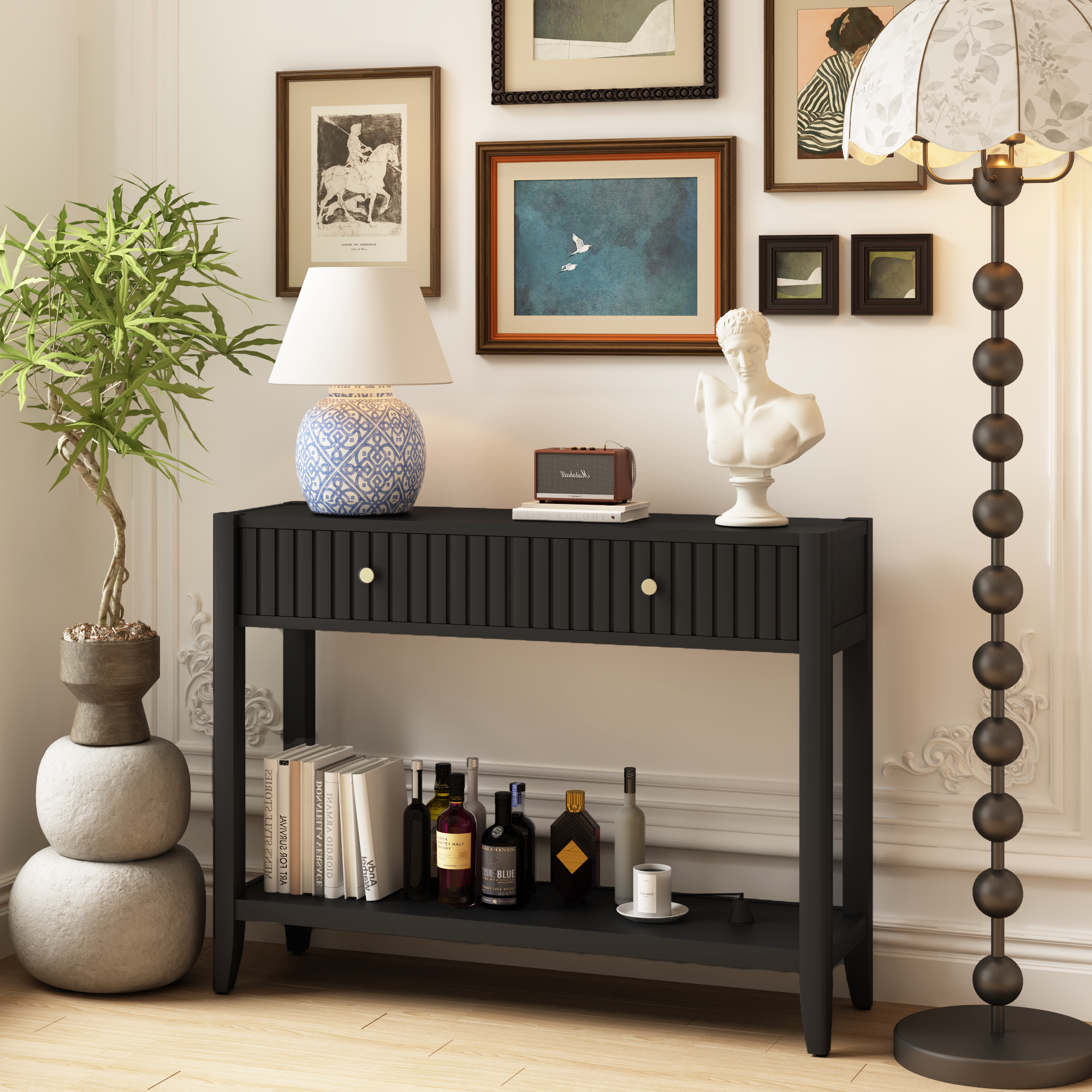 Black Rectangular Console Table with Drawers