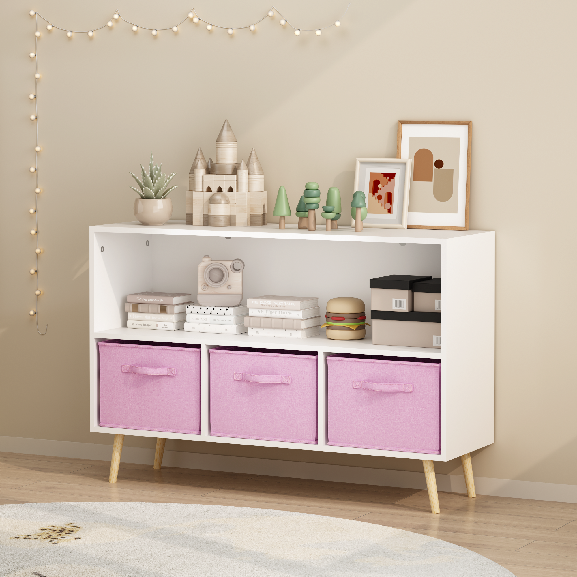 White Pink Kids Bookcase with Drawers - MDF Storage