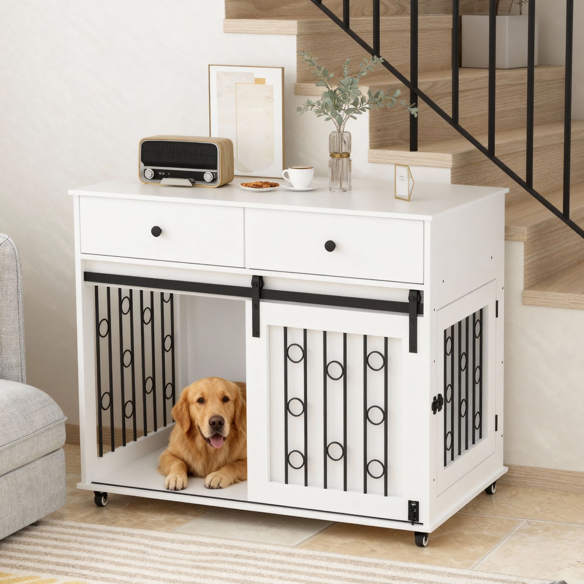 White Wooden Dog Crate End Table with Drawers