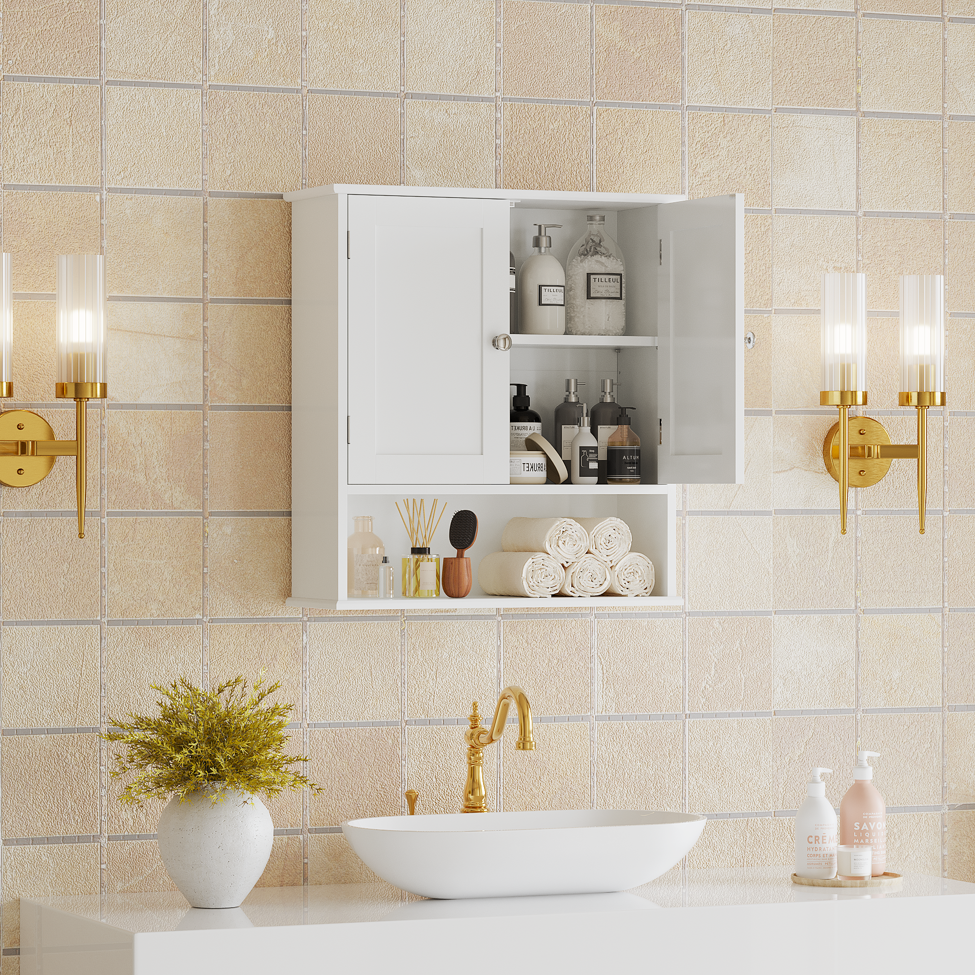 White Bathroom Wall Cabinet - 2 Door MDF Storage