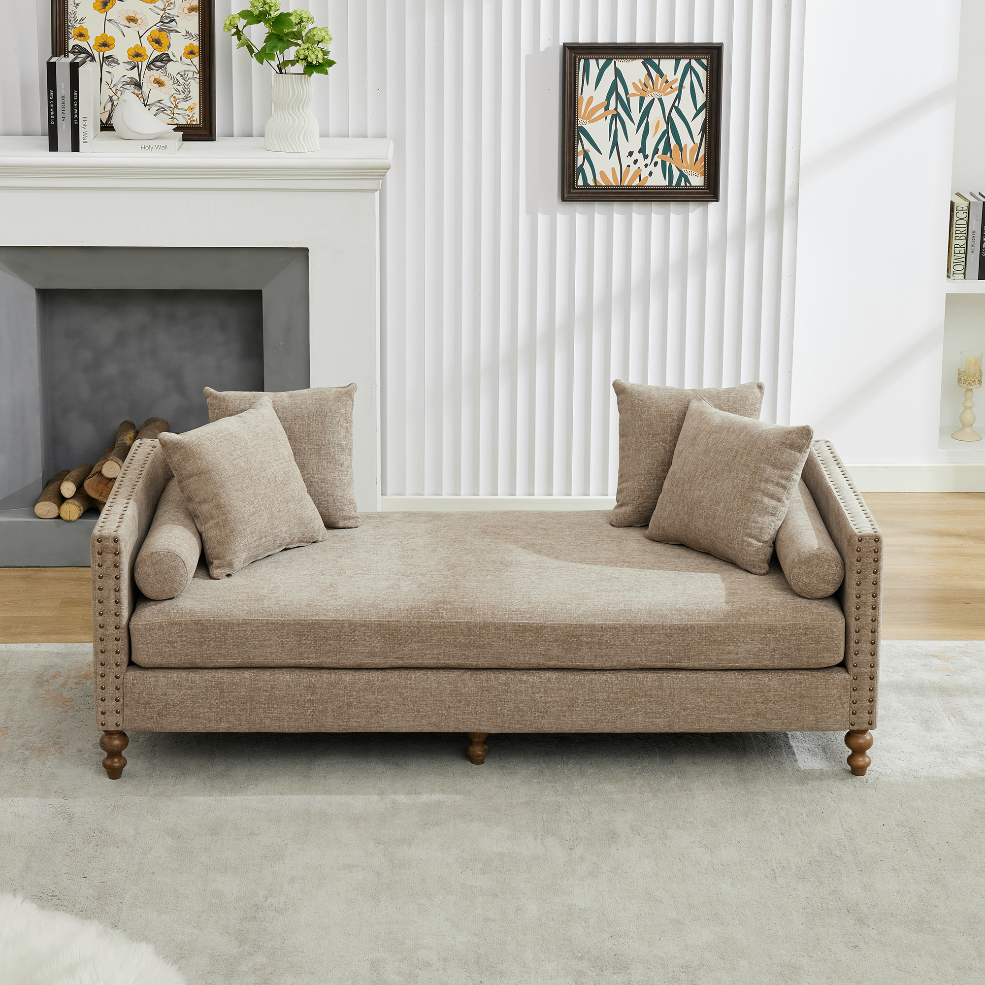 Taupe Chenille Chaise Lounge with Nailheads - Daybed Sofa