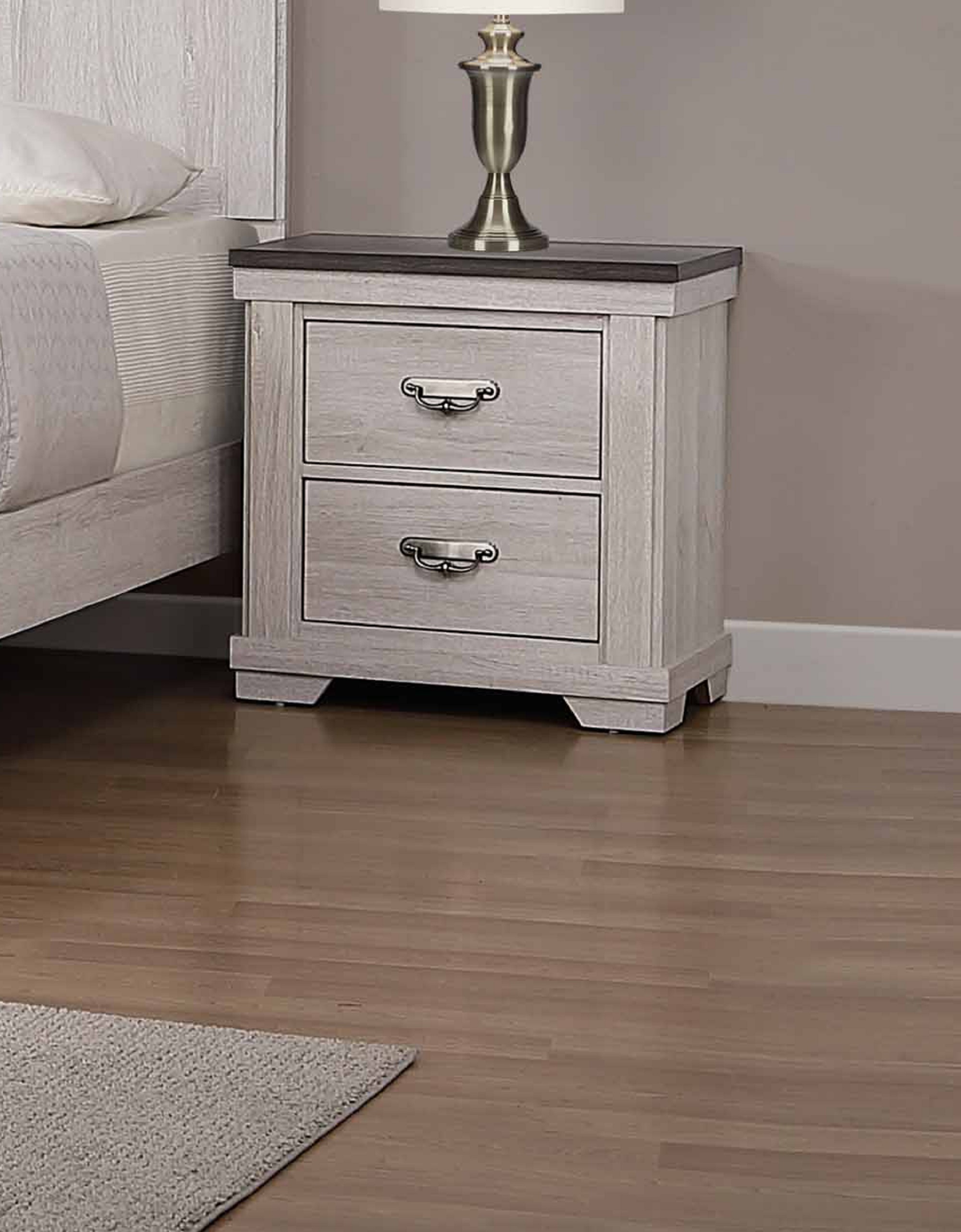 Beige Gray White Two Drawer Nightstand - Farmhouse Style