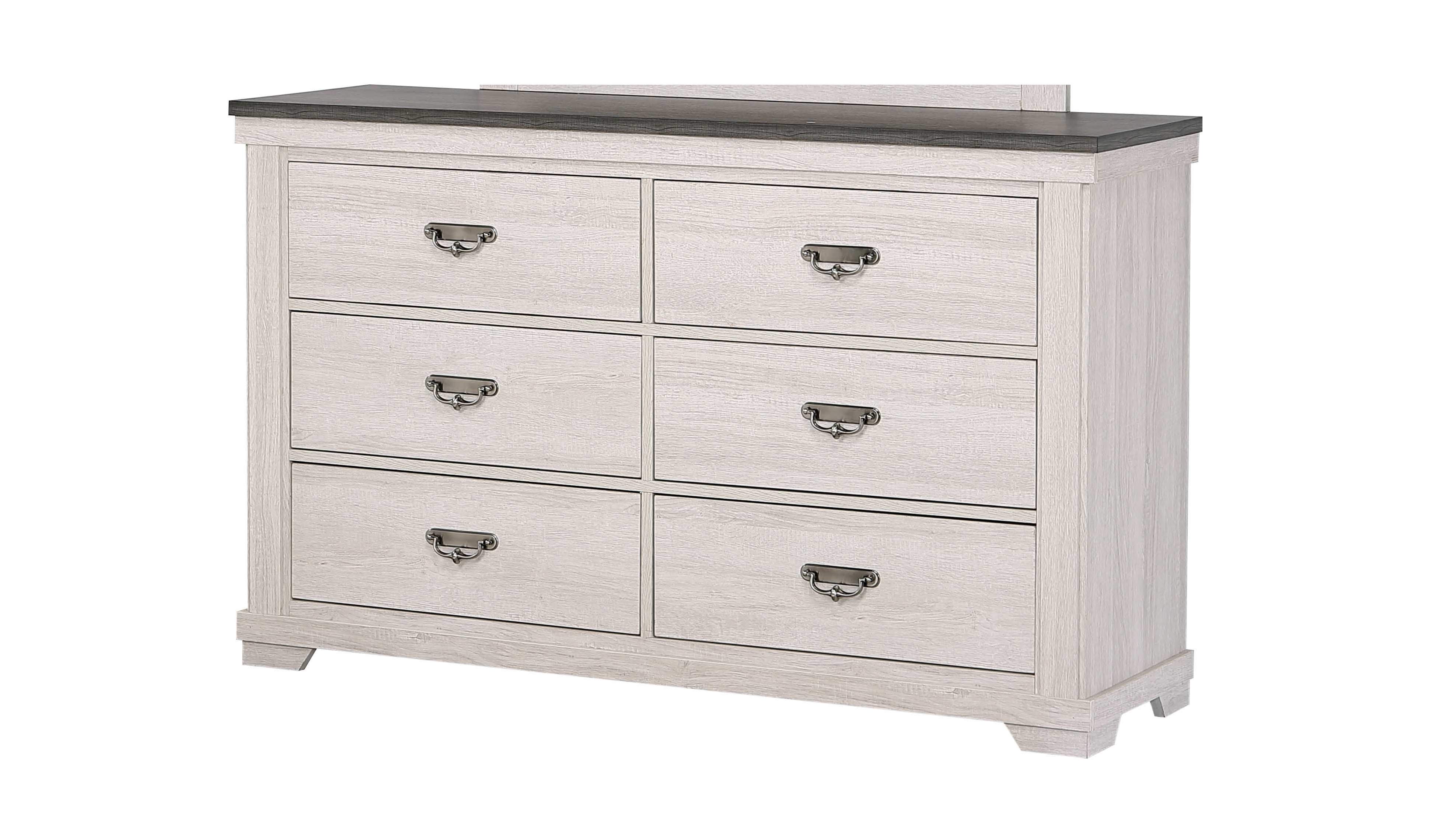 Six Drawer Beige Gray White Dresser - Farmhouse Bedroom Storage