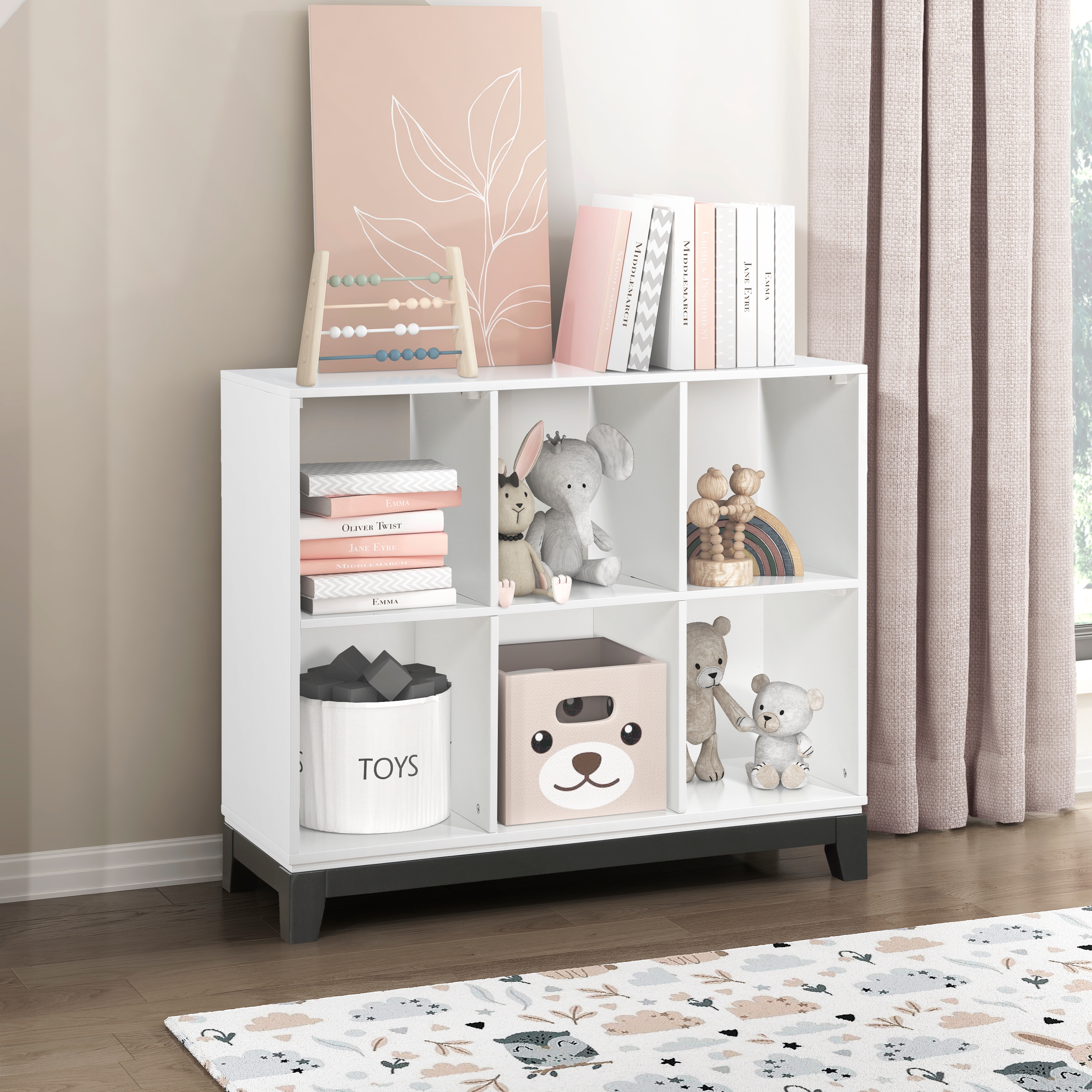 6-Shelf White Wood Bookcase - Rustic Storage Cabinet