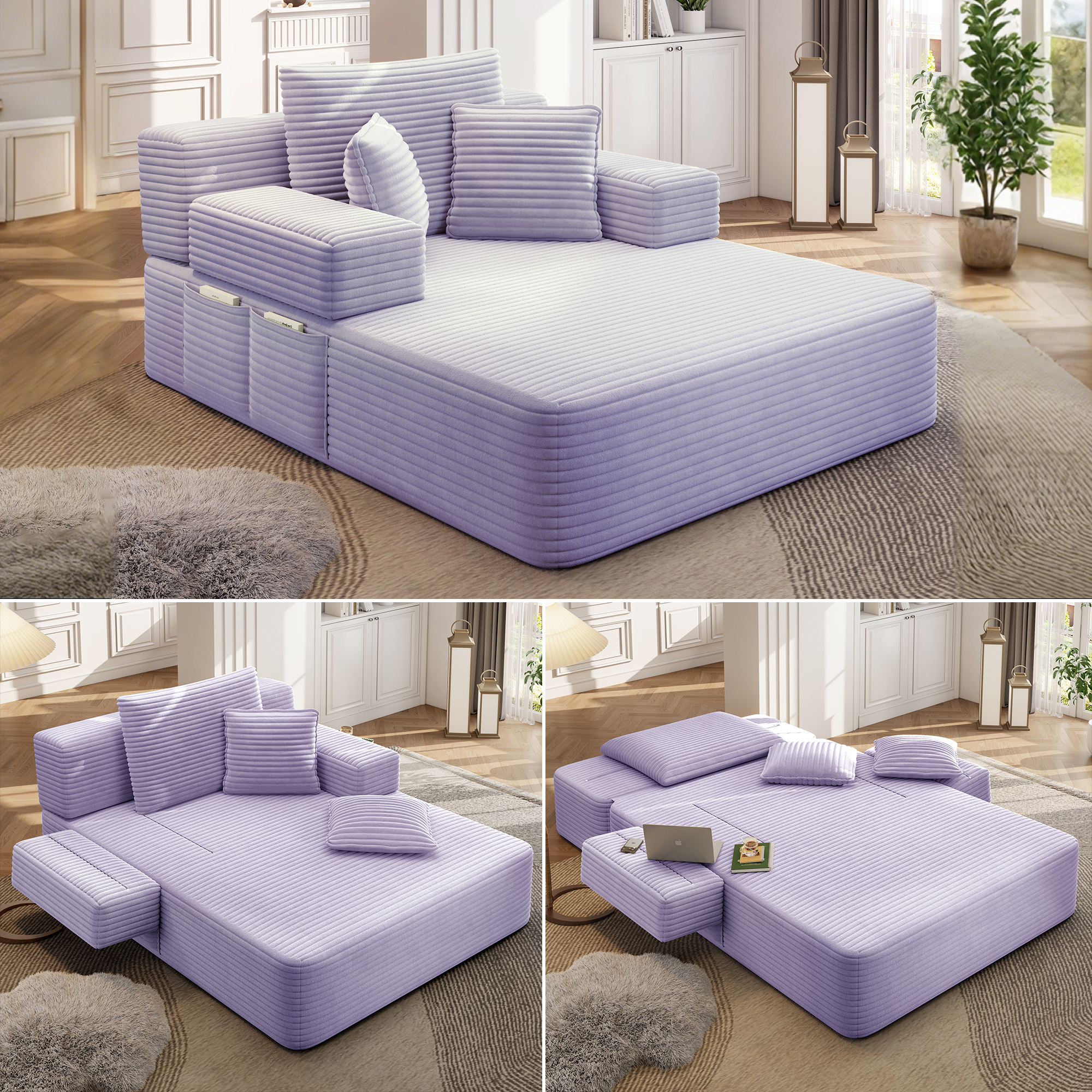 Purple Foam Chaise Lounge Sofa Bed - 2-in-1 Convertible