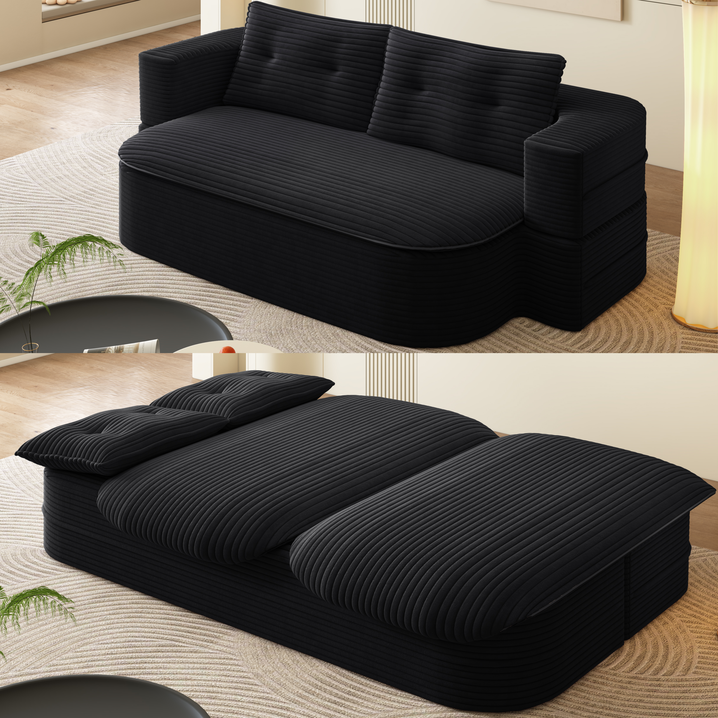 Convertible 2-Seat Black Foam Sofa Bed - Living Room