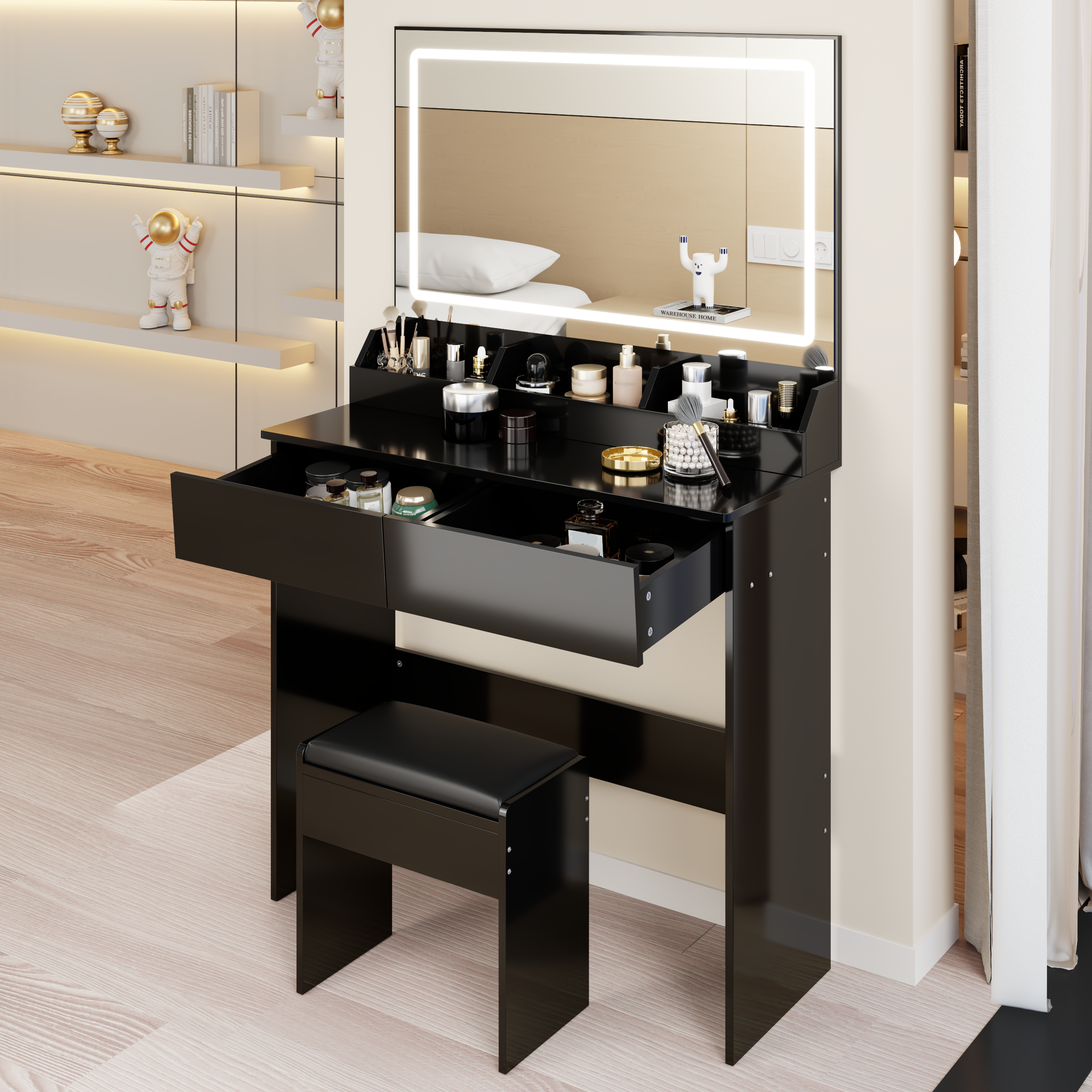 Black Makeup Vanity Table with LED Mirror & Stool