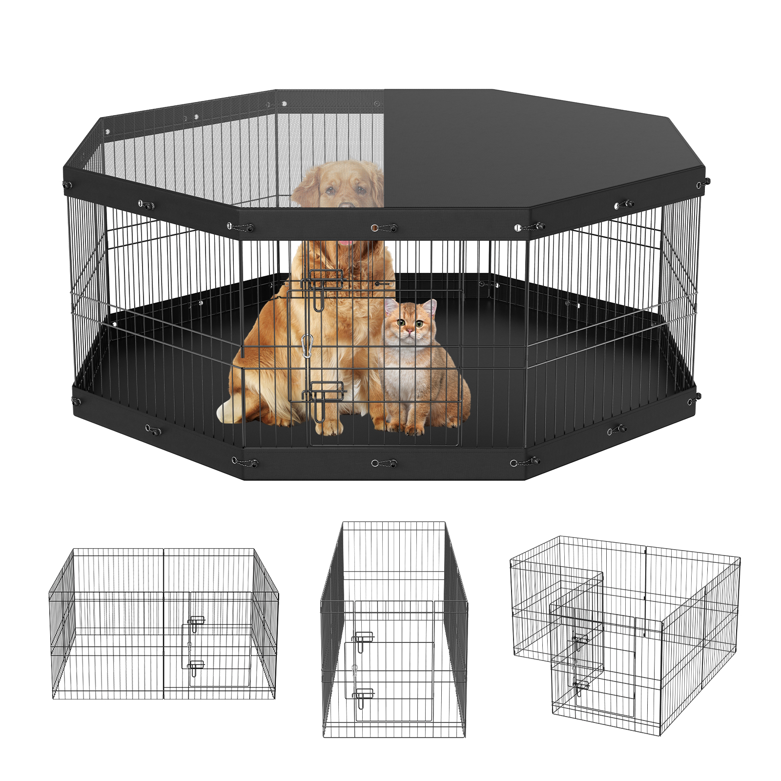 Black Metal Dog Playpen - 8 Panel Foldable Pen