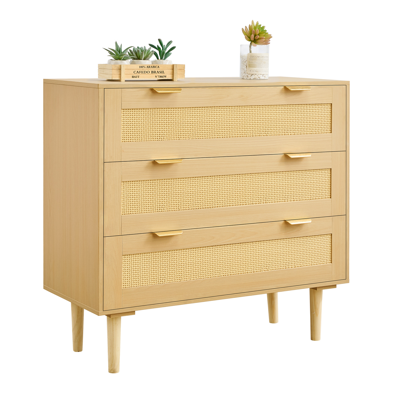 3-Drawer Rattan Dresser - Wood Bedroom Storage