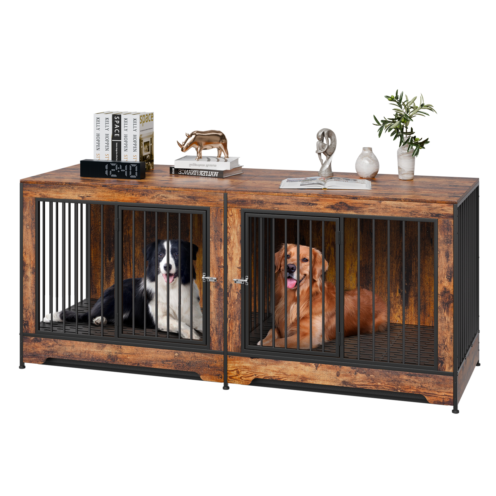 Brown Metal Dog Crate Furniture with Divider and Tray