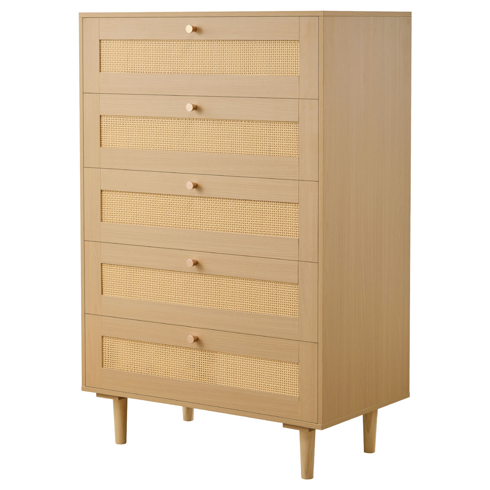 5-Drawer Rattan Dresser - Wood Bedroom Storage