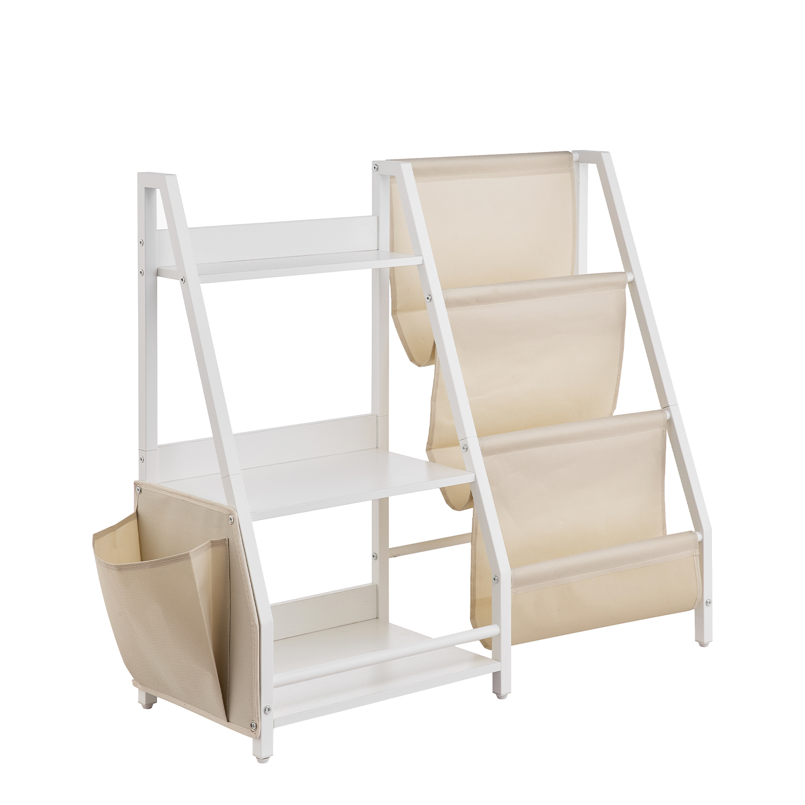 White Metal Kids Bookshelf Toy Storage Organizer with Sling Bag
