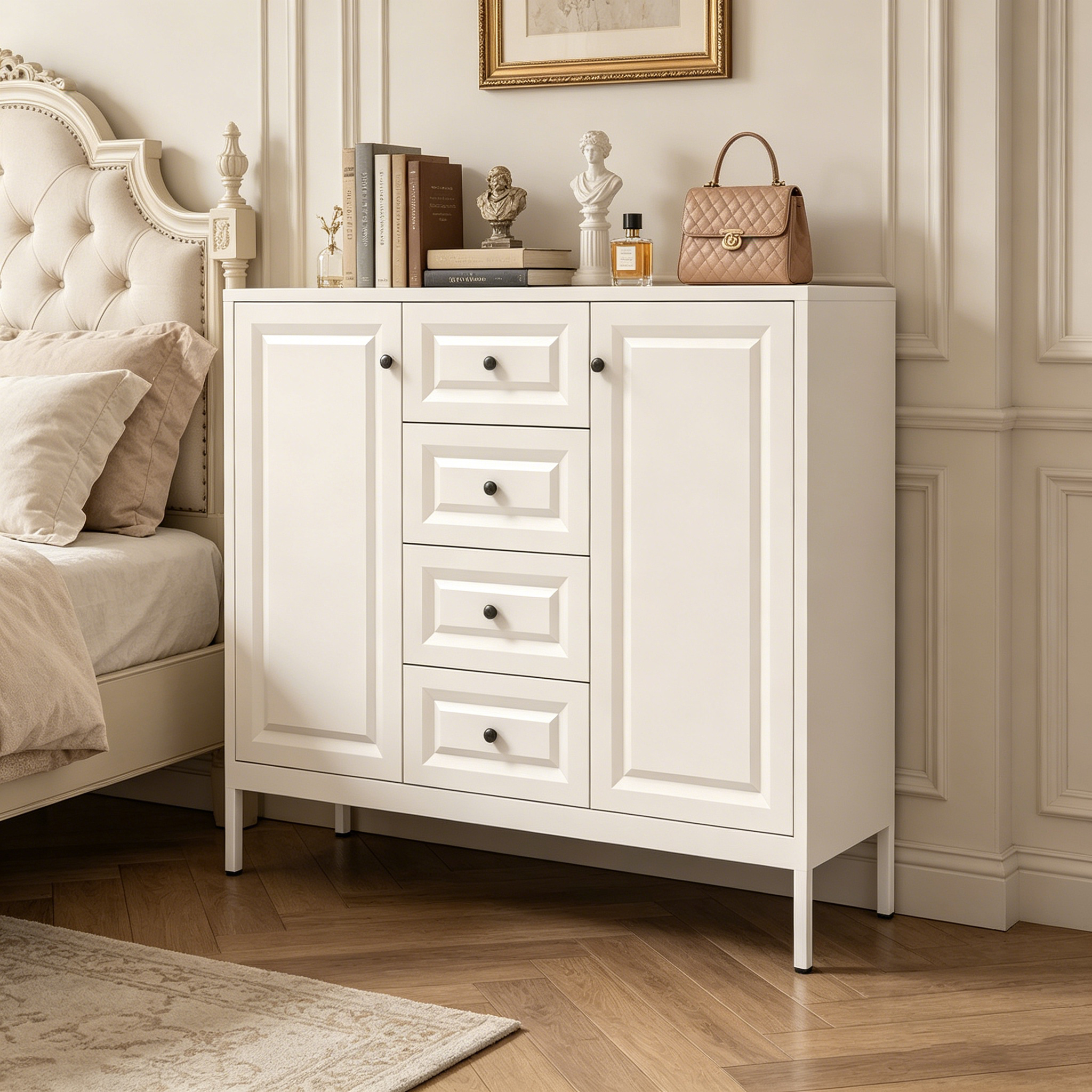 40" Beige Steel Storage Sideboard Buffet Cabinet