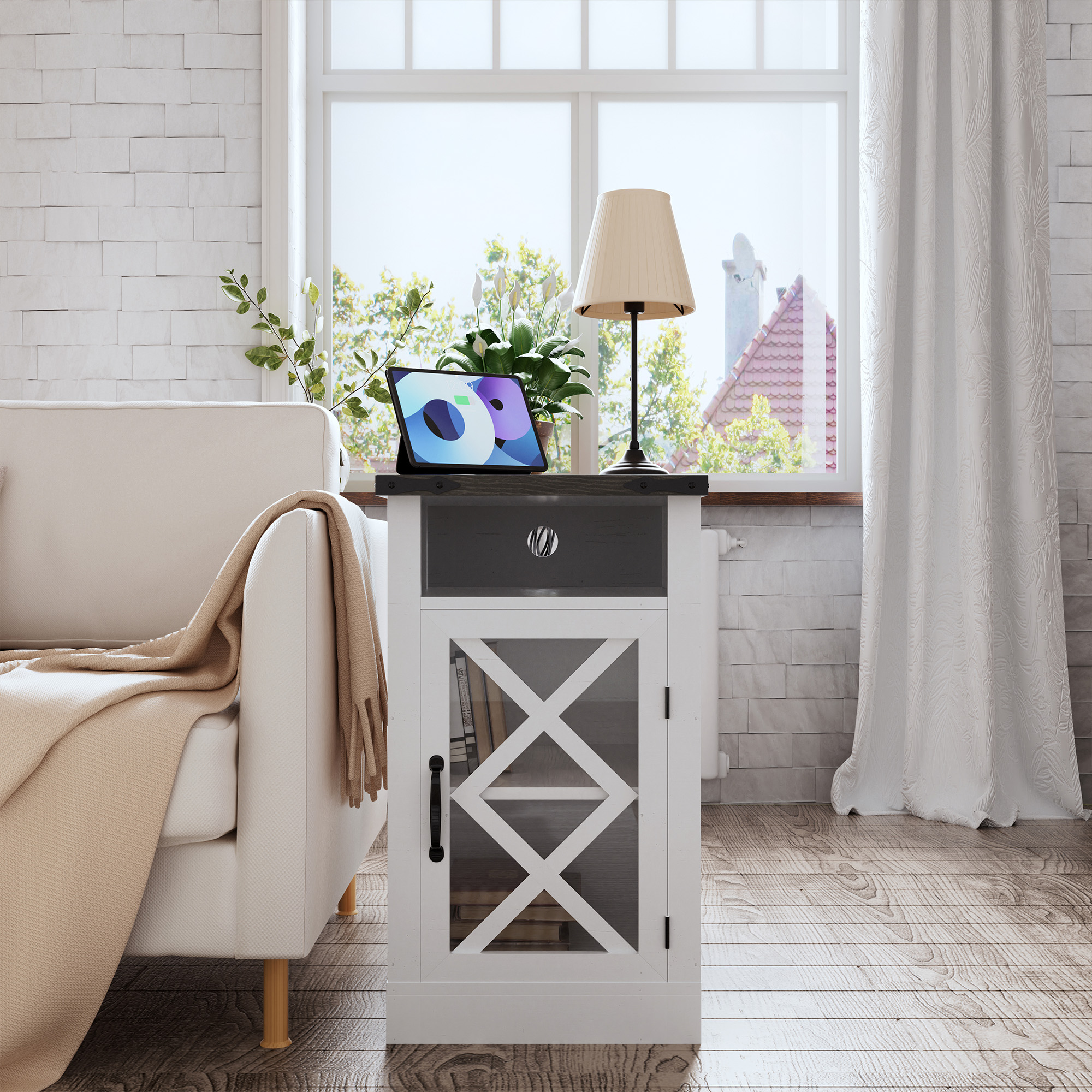 White Farmhouse Nightstand with Barn Door & Charging Station