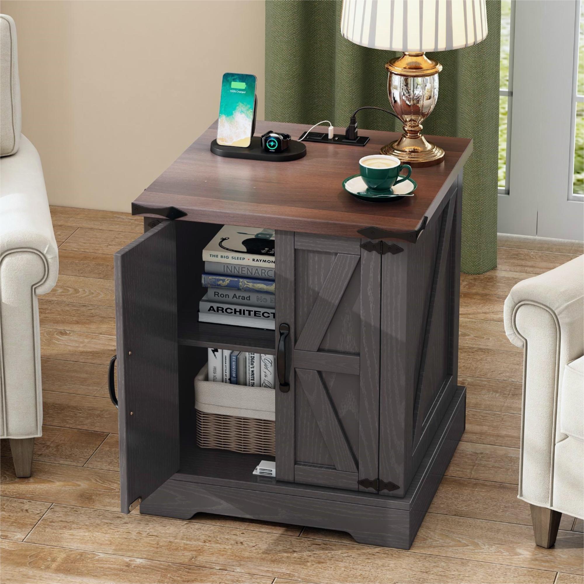 Grey Farmhouse End Table with Charging Station