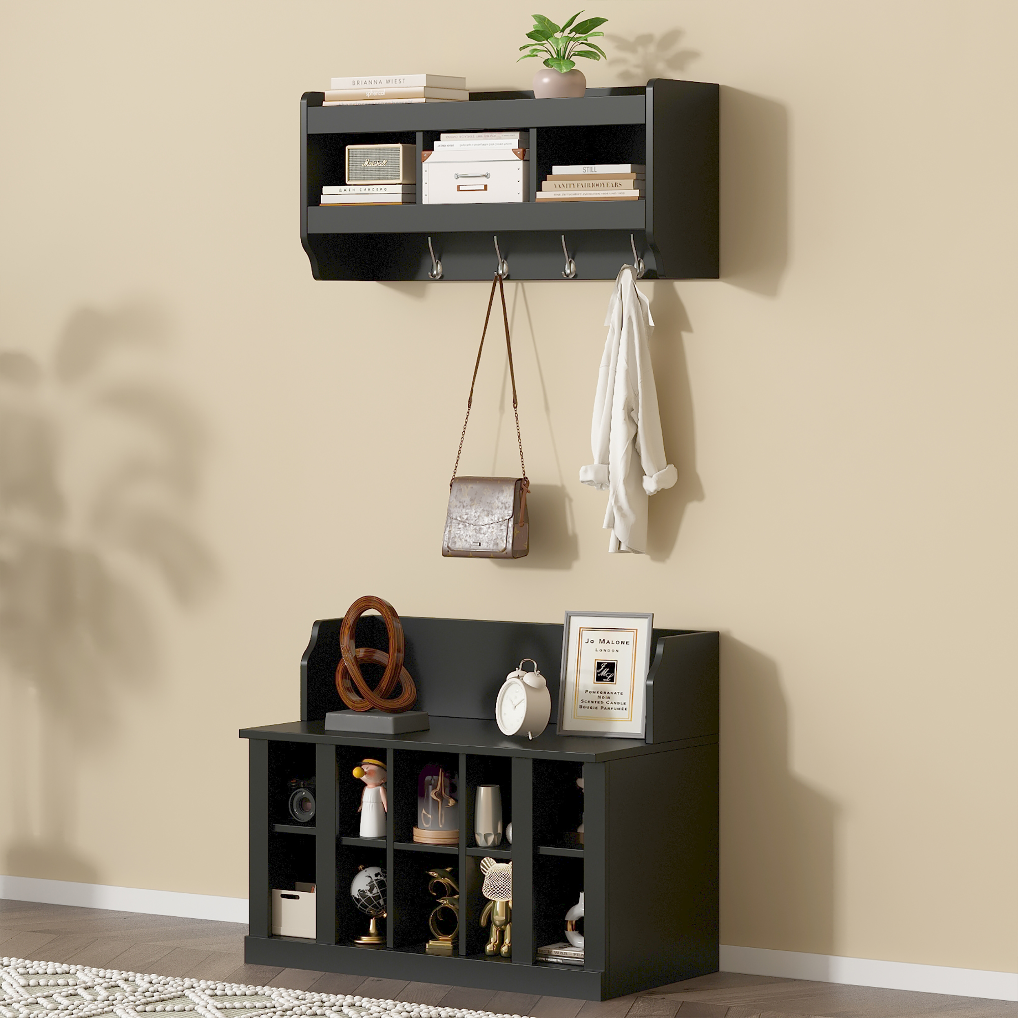 Black Particle Board Storage Bench Hall Tree with Coat Hooks for Entryway