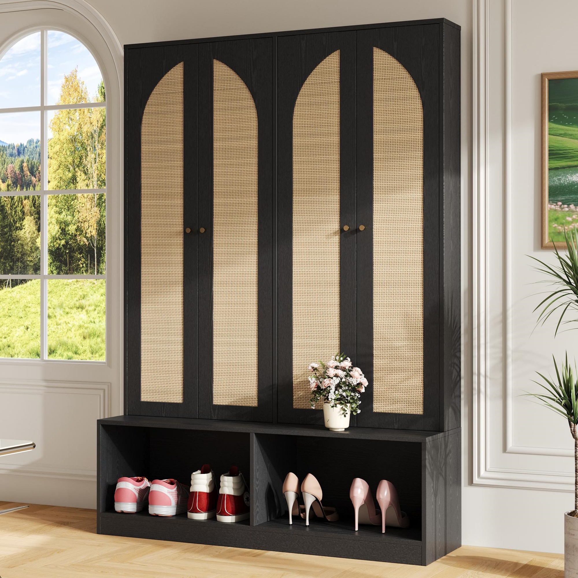 Black Rattan Farmhouse Hall Tree with Bench