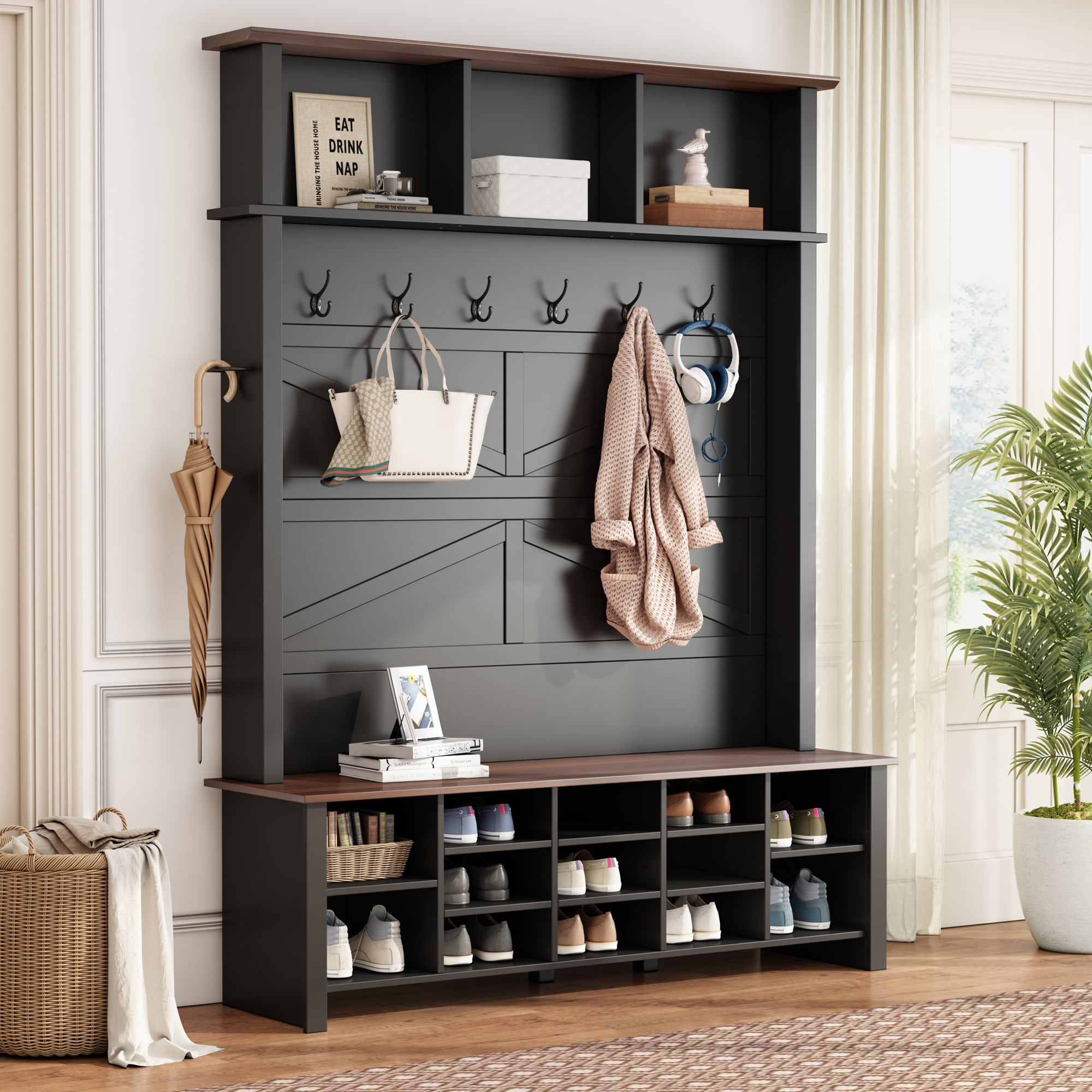 Black Farmhouse Hall Tree with Shoe Storage