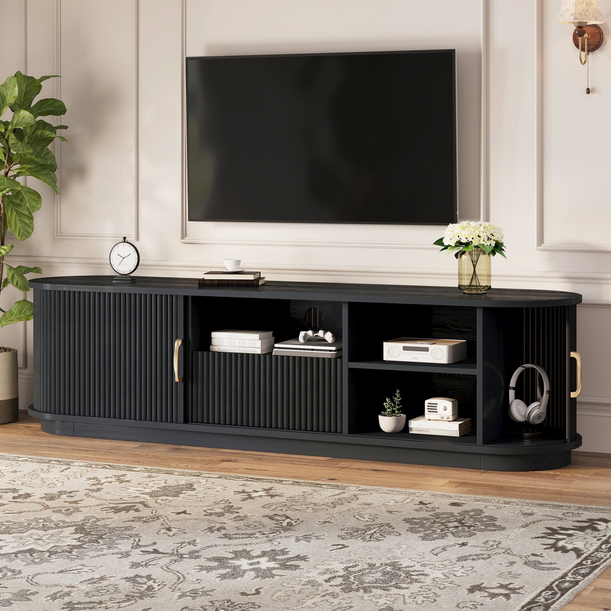 Black TV Stand with Sliding Doors - MDF Media Console