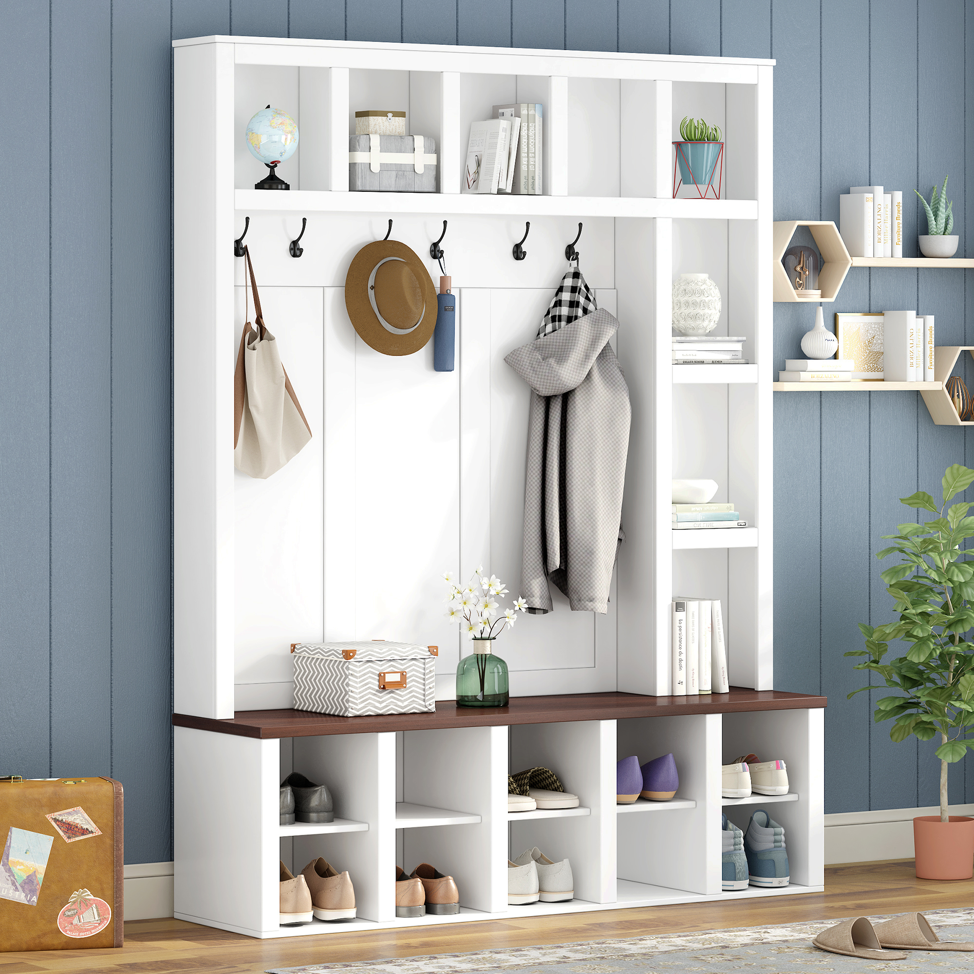 White Walnut Hall Tree with 6 Hooks - Entryway Shoe Cabinet